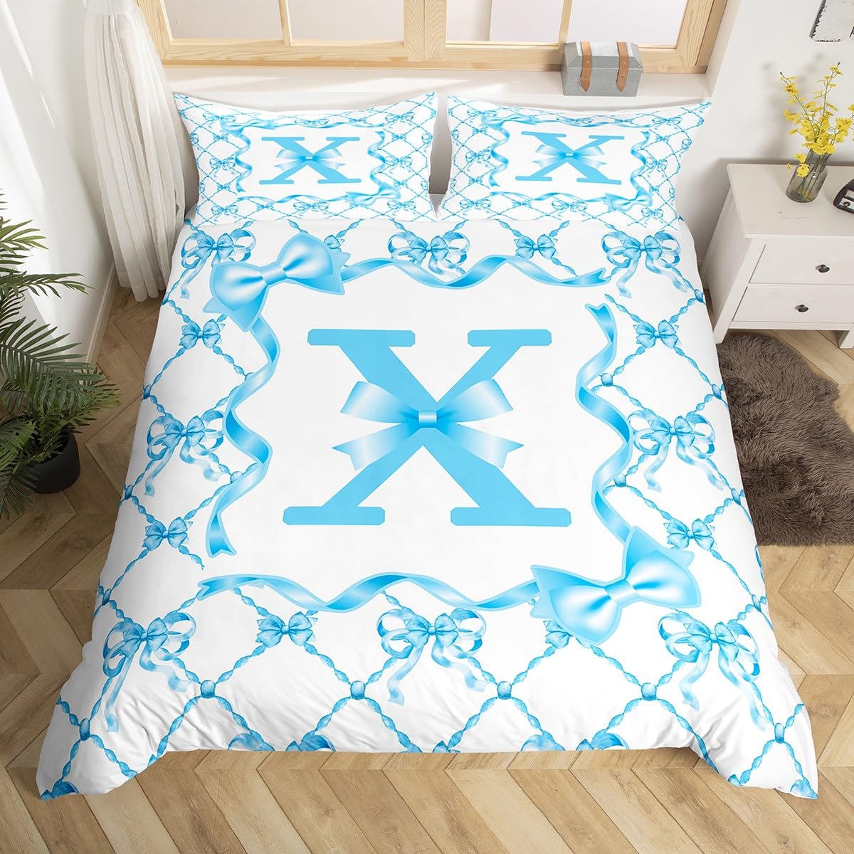Homewish Juego de funda de edredón azul con lazo de coqueta tamaño King para niñas adolescentes | Juego de funda de edredón infantil con letra inicial X, bonito lazo, juego de ropa de cama coquette