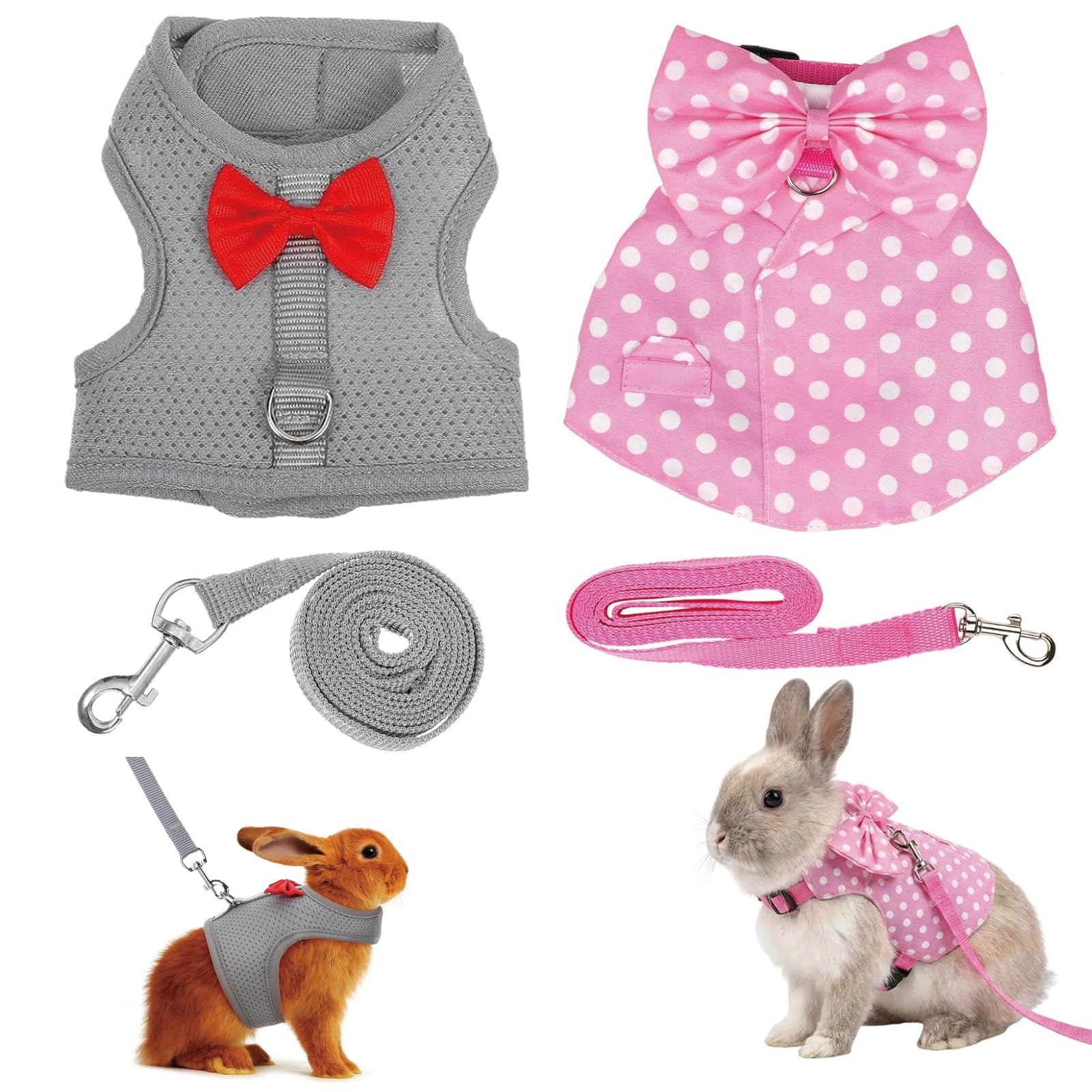2Pcs Rabbit Harness and Lead Set, Adjustable Bunny Leash for Outdoor Activities, Secure Rabbit Accessories with Bow Design, (Pink, Grey, Size M)