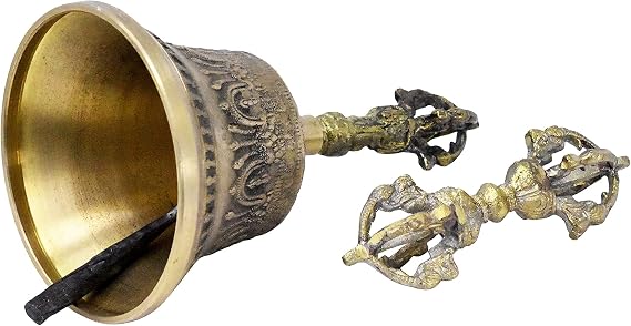 Mudra Crafts Medium Antique Brass Tibetan Bell & Dorje Vajra for Meditation
