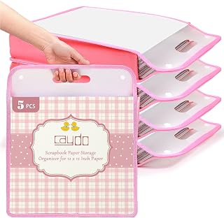 Caydo 5 Pack Scrapbook Paper Organizer, Pink Expanding Paper Folio, Portable Scrapbook Paper Storage with Button Closure for Holding 12 x 12 Inch Scrapbook, Vinyl Paper