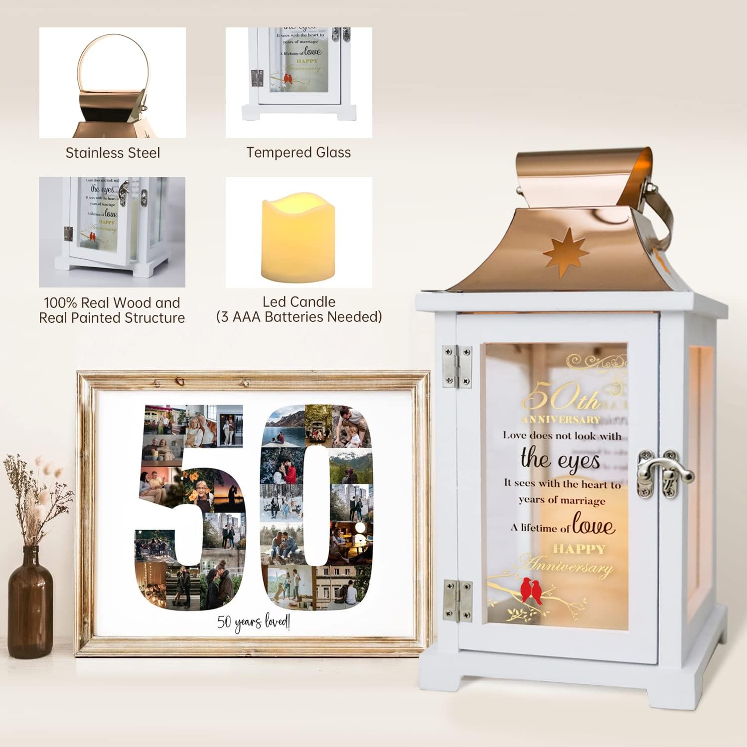 Best 50th Anniversary Wedding Gifts for Couple, Wife, Parents, Husband - 50th Wedding Anniversary Lantern, Golden 50 Years of Marriage Gifts for Couple, Wife, Her, Women