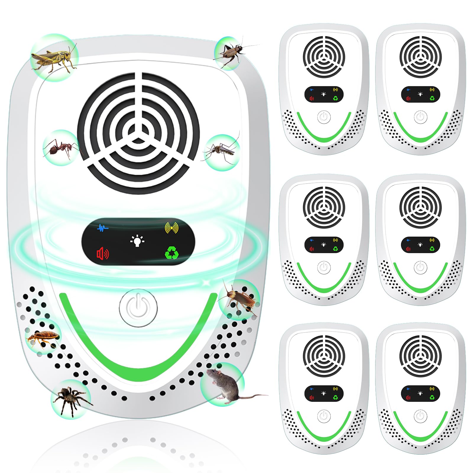 6-Pack Ultrasonic Pest Repeller, 4 Modes, Powerful Plug-in Pest Control for Mice, Rats, Roaches, Mosquitoes, Ants, Spiders, Safe & Effective White