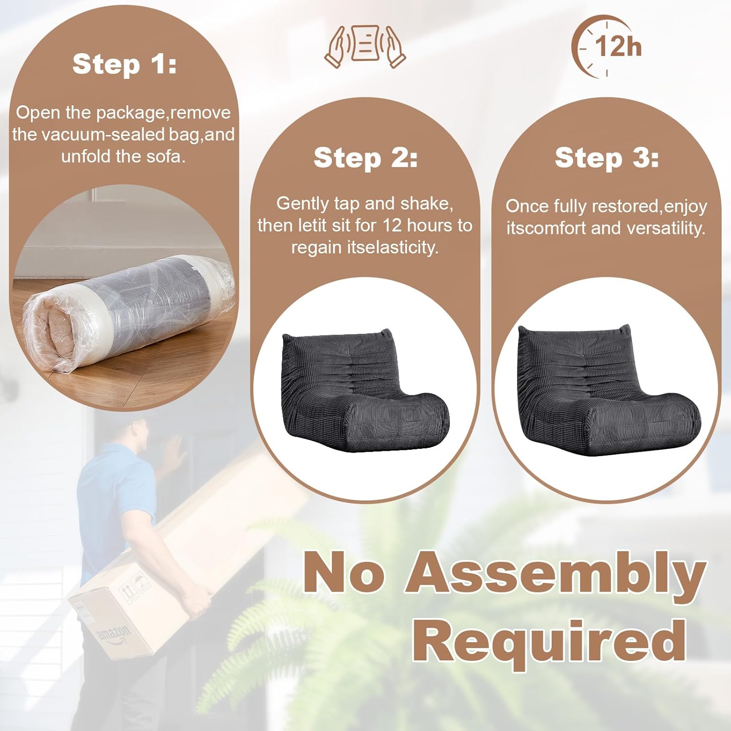 Giant Bean Bag Chair, Memory Foam Filled Oversized Corduroy Floor Sofa for Adults, High-Rebound Boneless Lazy Chair for Living Room, Bedroom, Reading & Gaming, Grey