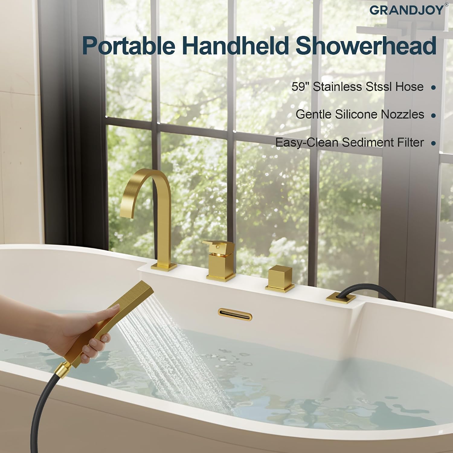 Brushed Gold Single Handle Waterfall Roman Tub Faucet with Sprayer, Deck Mount 4-Hole Bathtub Filler, Solid Brass