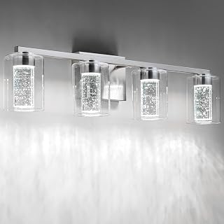 SineRise 4-Light Brushed Nickel Vanity Light with 3 Color Modes (3000K/4000K/6000K), Eye Protection LED Bathroom Light Fixture, Dimmable Modern Wall Light Over Mirror with Clear Glass Shade