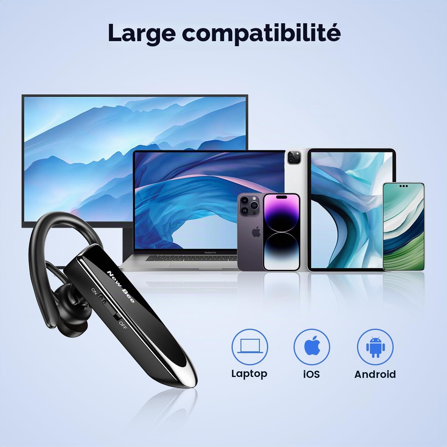 New Bee Oreillette Bluetooth V5.0 Main Libre avec Technologie de Capture de Voix Claire - Kit Invisible pour iPhone Samsung Huawei Sony, etc (Noir)