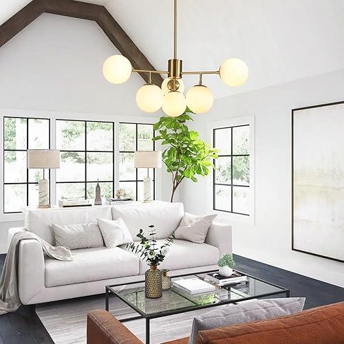 Miniatura 7 de BOKT Lámpara Sputnik de 6 luces moderna de globo grande de mediados de siglo, lámpara colgante dorada con vidrio blanco leche para cocina, lámparas