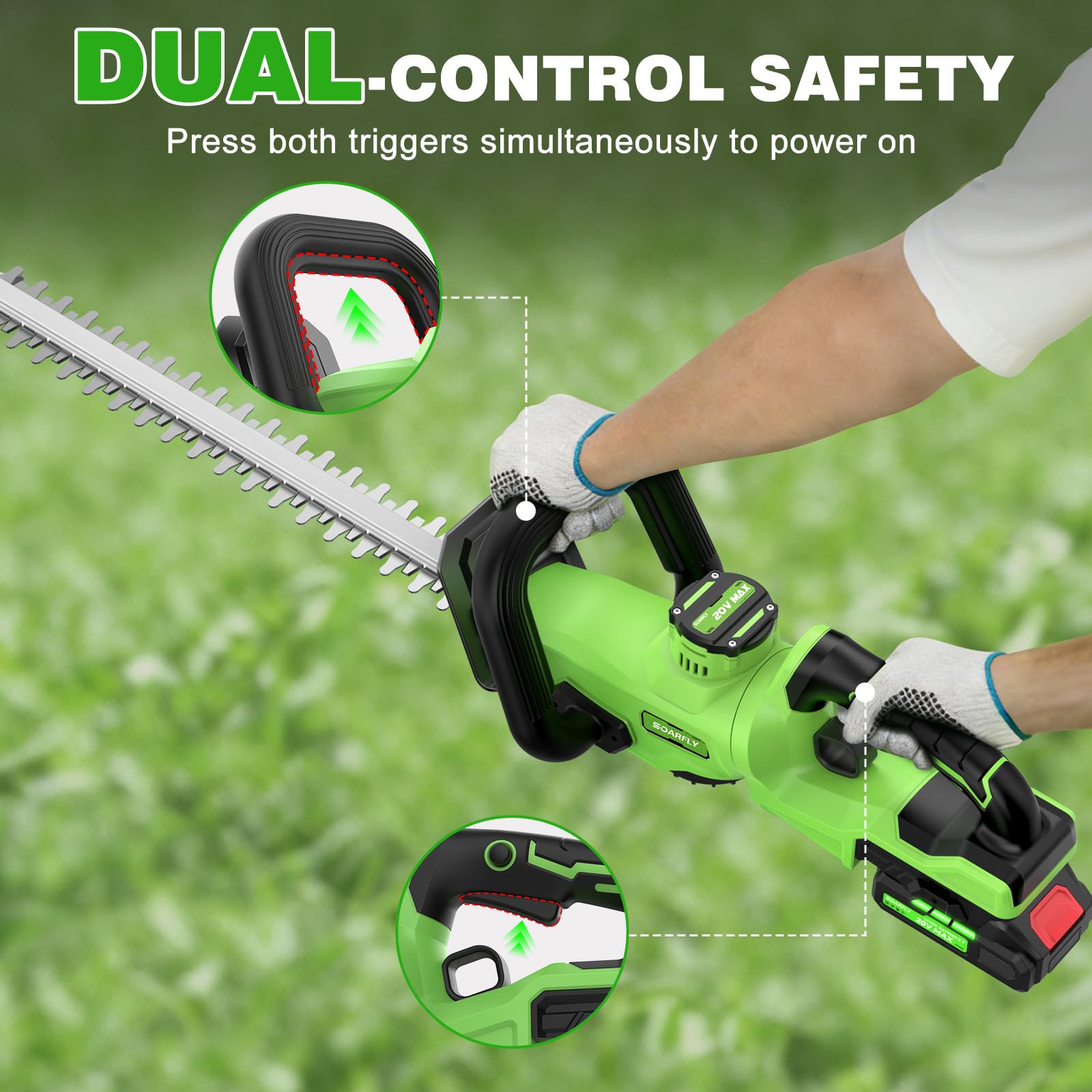 SOARFLY - Cortasetos inalámbrico de 22 pulgadas, cortasetos inalámbrico de 20 V con 2 baterías de 2.0 Ah, mango giratorio de 180°, potente cortasetos de 3000 rpm, recortadora de arbustos para jardín