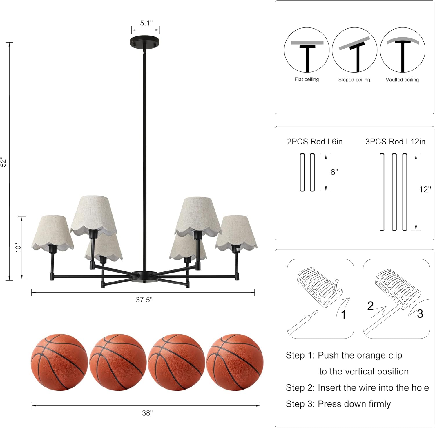 6-Light Black Chandelier with White Linen Shades, 37.5“Modern Pendant Light Fixture for Dining Room, E12 Base, Height Adjustable, Living Room Bedroom Hallway Ceiling Lighting