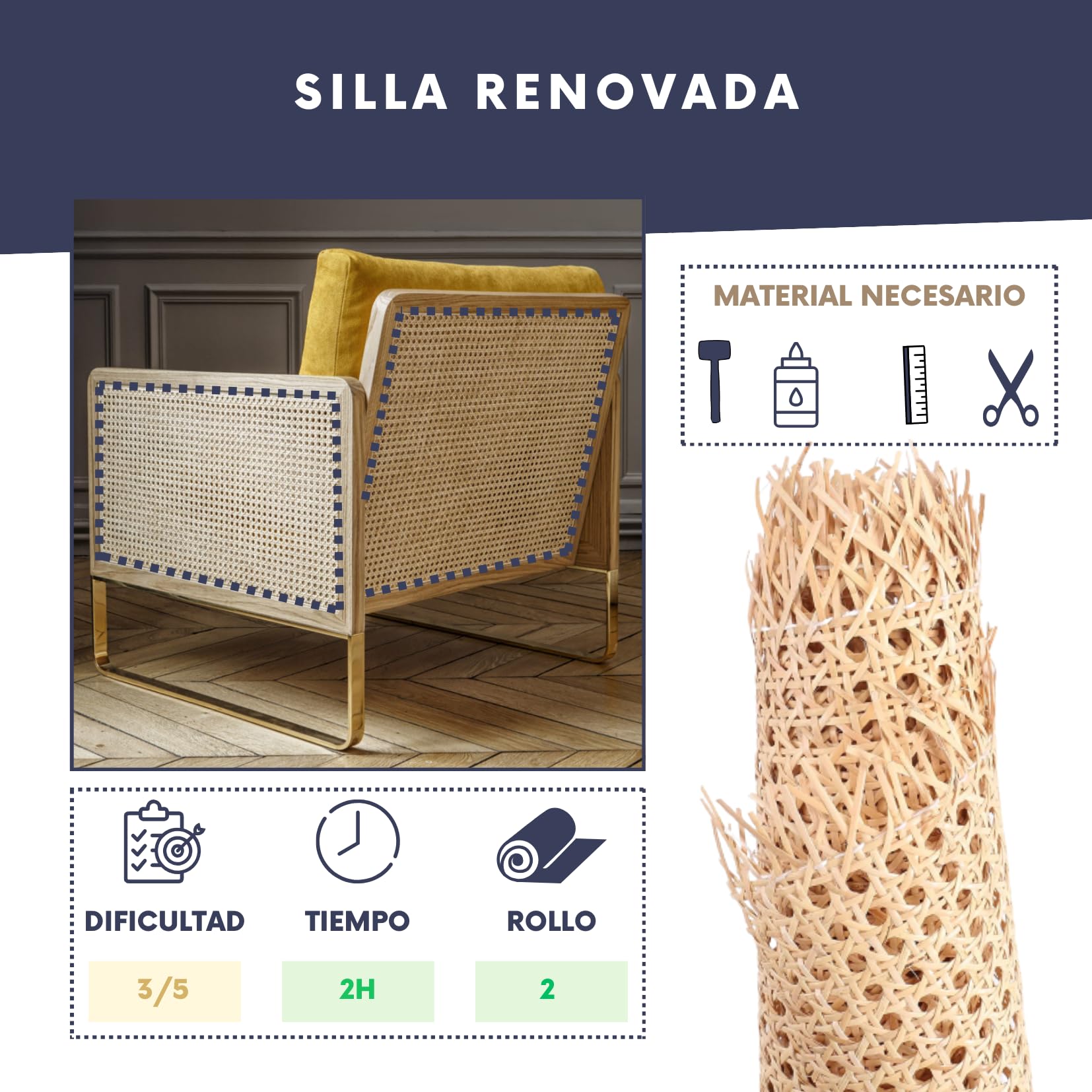 Rollo de caña de ratán Natural 60 CMx1 M Creaciones y Restauraciones de Muebles con Elegancia