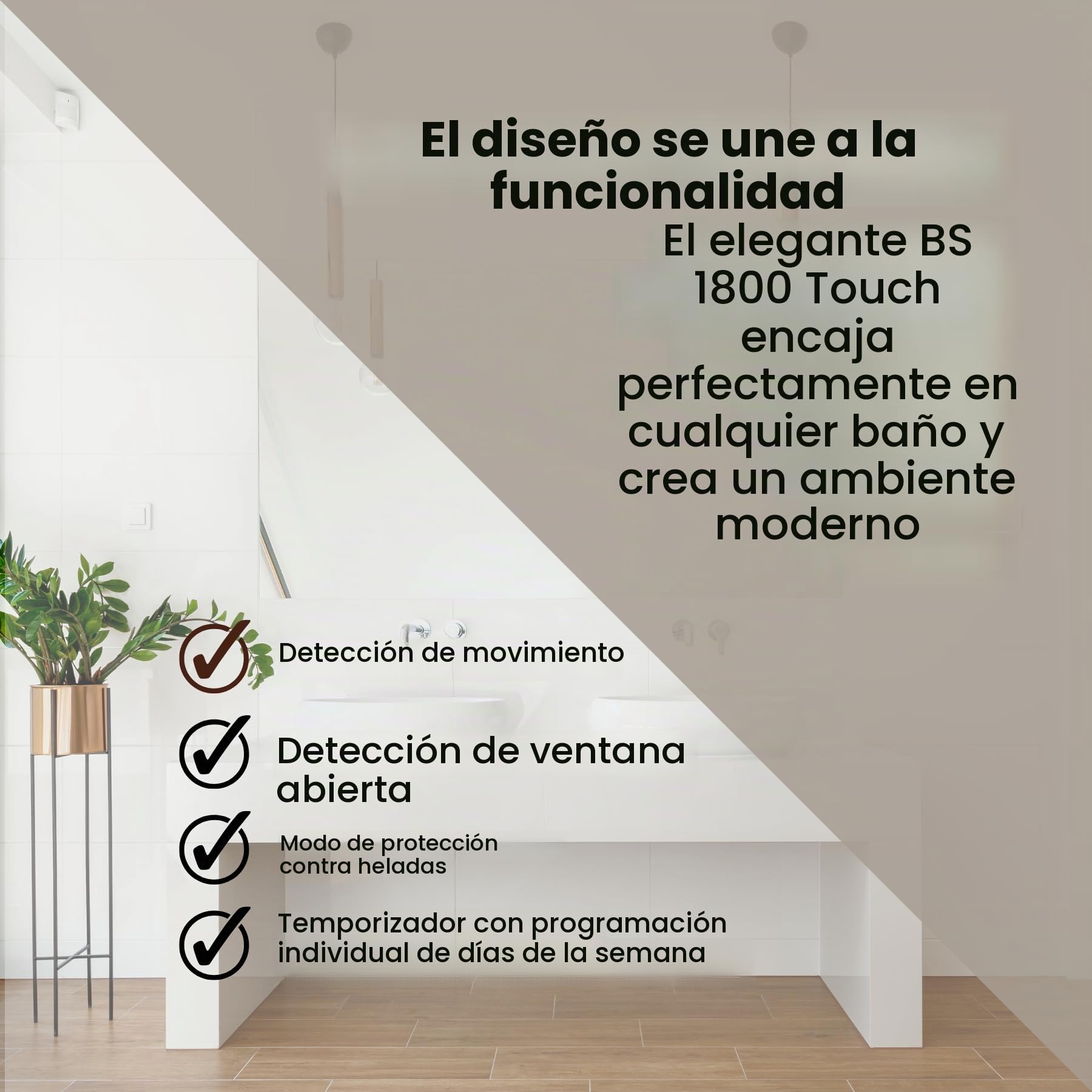 Calentador de baño rápido Steba con carcasa y pantalla de diseño, diseño muy plano y termostato ambiente de regulación continua. BS 1800 TOUCH.