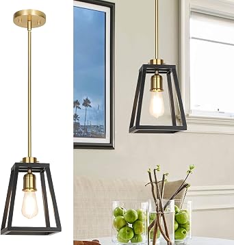 XiNBEi Lighting Black and Brass Kitchen Pendant Lighting for Dining Room | Industrial Lantern Pendant Lights, Height Adjustable, Farmhouse, 1-Light Brass Hanging Lights for Bedroom Entryway Over Sink [Energy Class A]