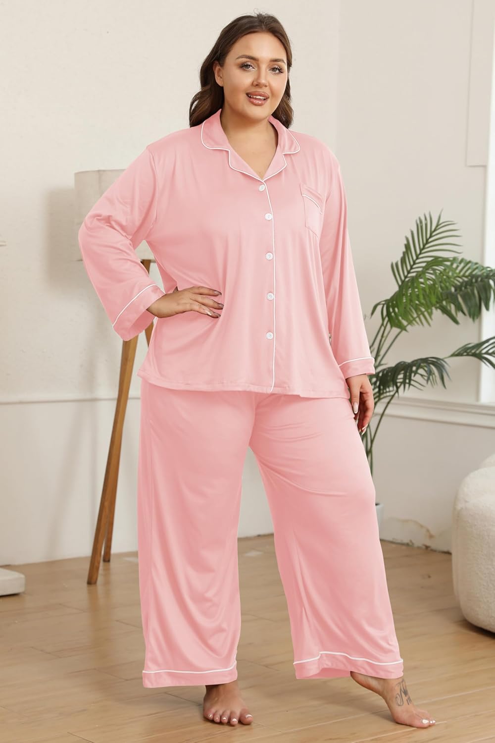 Vozanet Women's Plus Size Pajama Set Button Down Long Sleeve and Pants Lounge Sets with Drawstring and Pockets Sleepwear - Image 3
