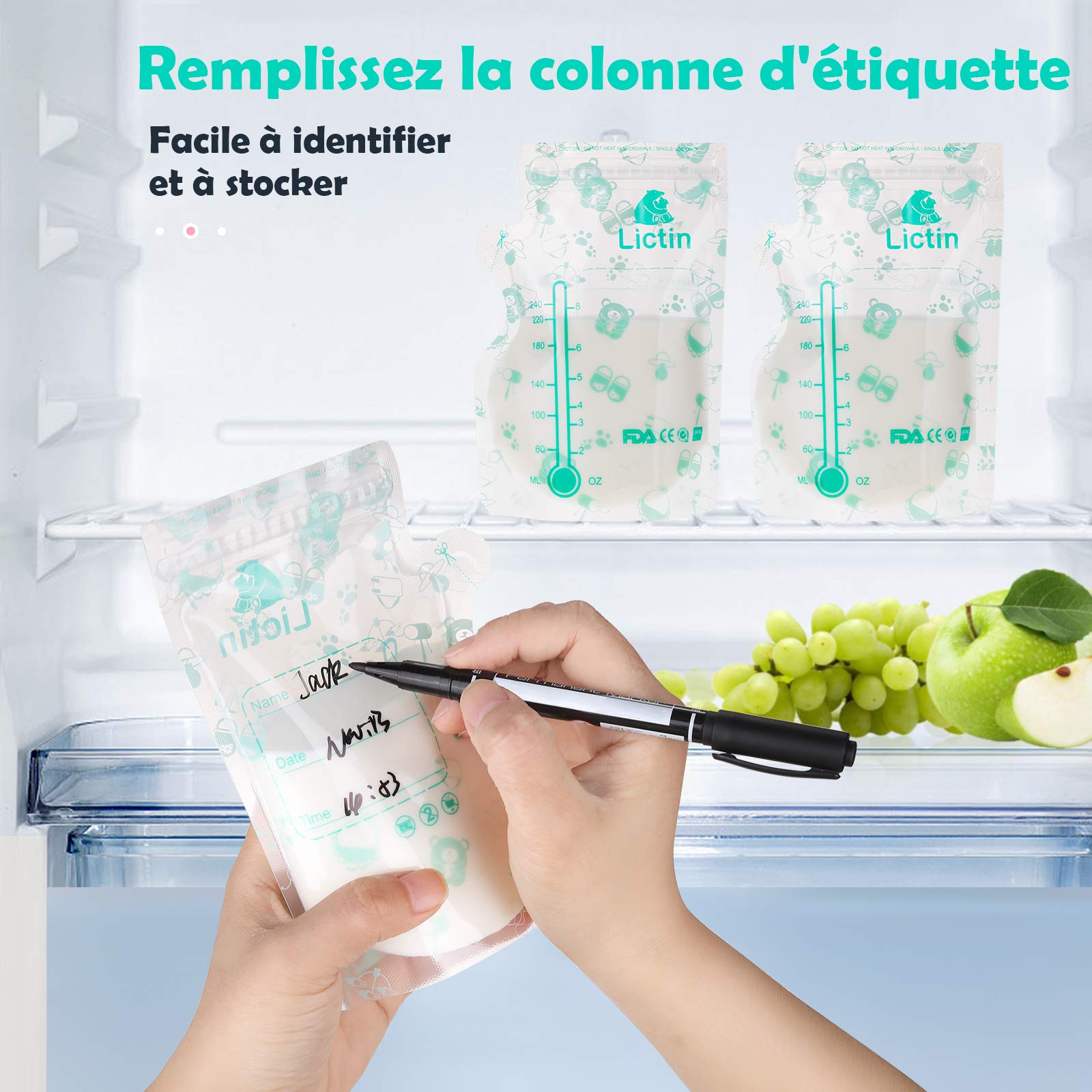 Lictin Conservation Lait Maternel 120Pcs - 240ML Sachet Conservation Lait Maternelle Pré-stérilisés, Épaissir Double Fermeture Glissière Sachet Lait Maternel, Bec Verseur Intégré