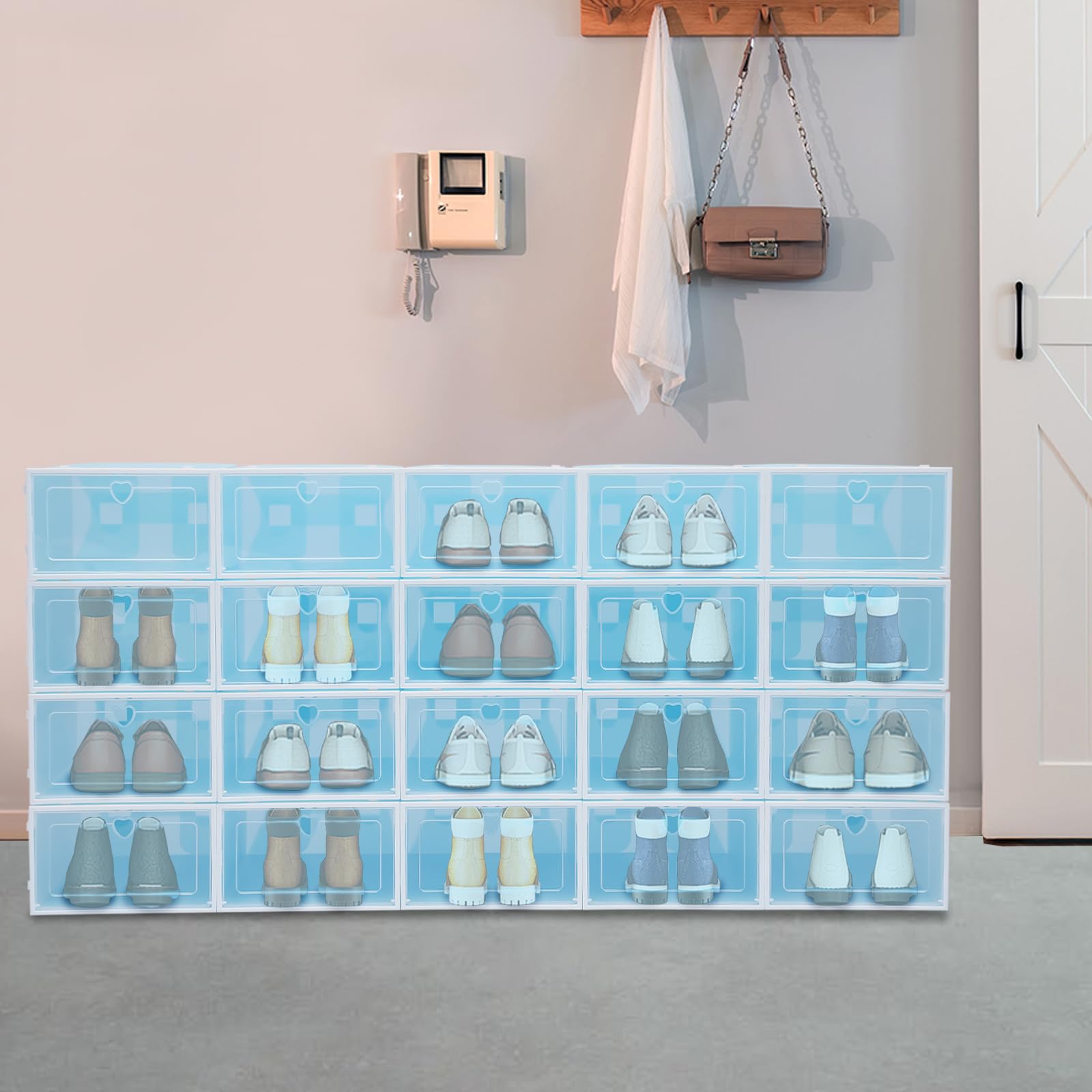 20 scatole per scarpe, 33 x 23 x 14 cm, trasparente, impilabili, in plastica, per uomini e donne (blu)