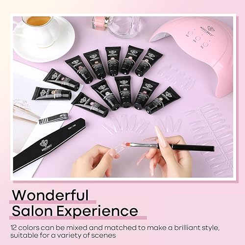 Miniatura 5 de modelones Kit de gel de extensión de poliéster para uñas, 12 colores rosa con purpurina nude, juego de gel de uñas de poli para manicura francesa