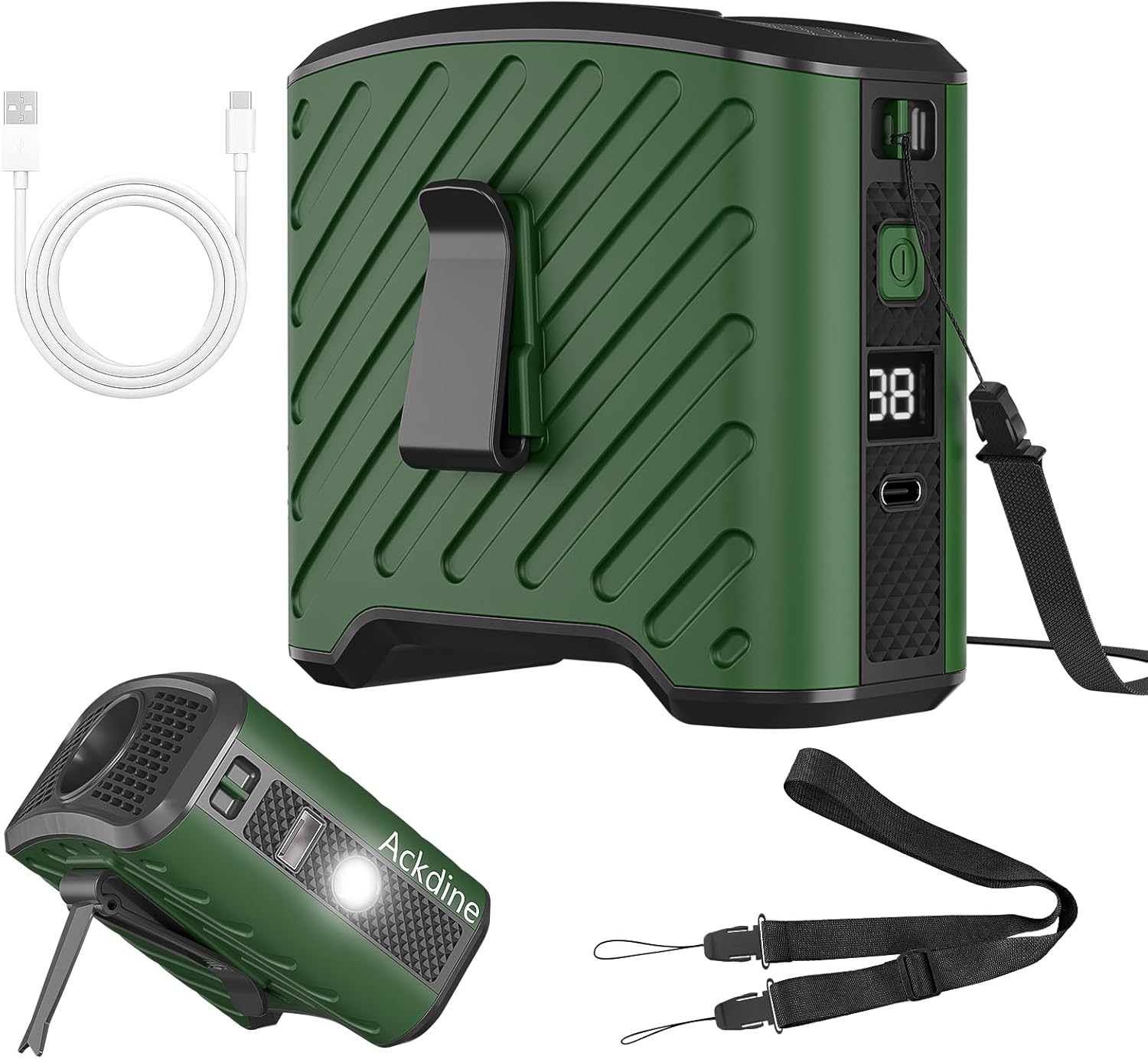 6-in-1 Hands Free Clip On Waist Neck Fan, 10000mAh Rechargeable, 16000RPM 4-Speed, 130° Wide Angle, LED SOS, Type-C Power Bank, 8-40h Runtime for Outdoor Camping Office(Green)