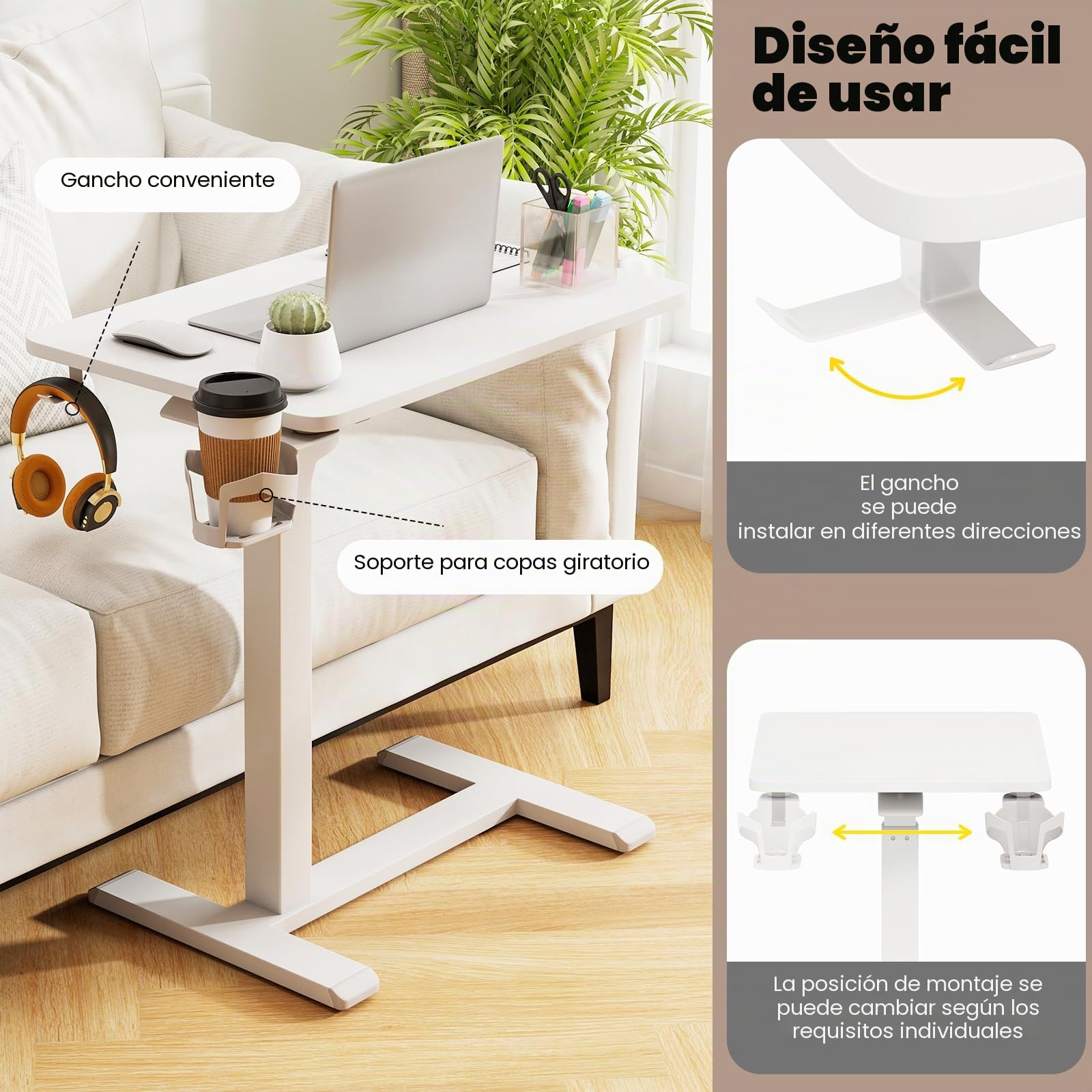 LIFEZEAL Mesa Auxiliar para Sofá en Forma de C, Altura Ajustable, Mesa Lateral para Cama, con Ruedas Ocultas, Soporte para Bebidas, Ganchos para Auriculares (Blanco)