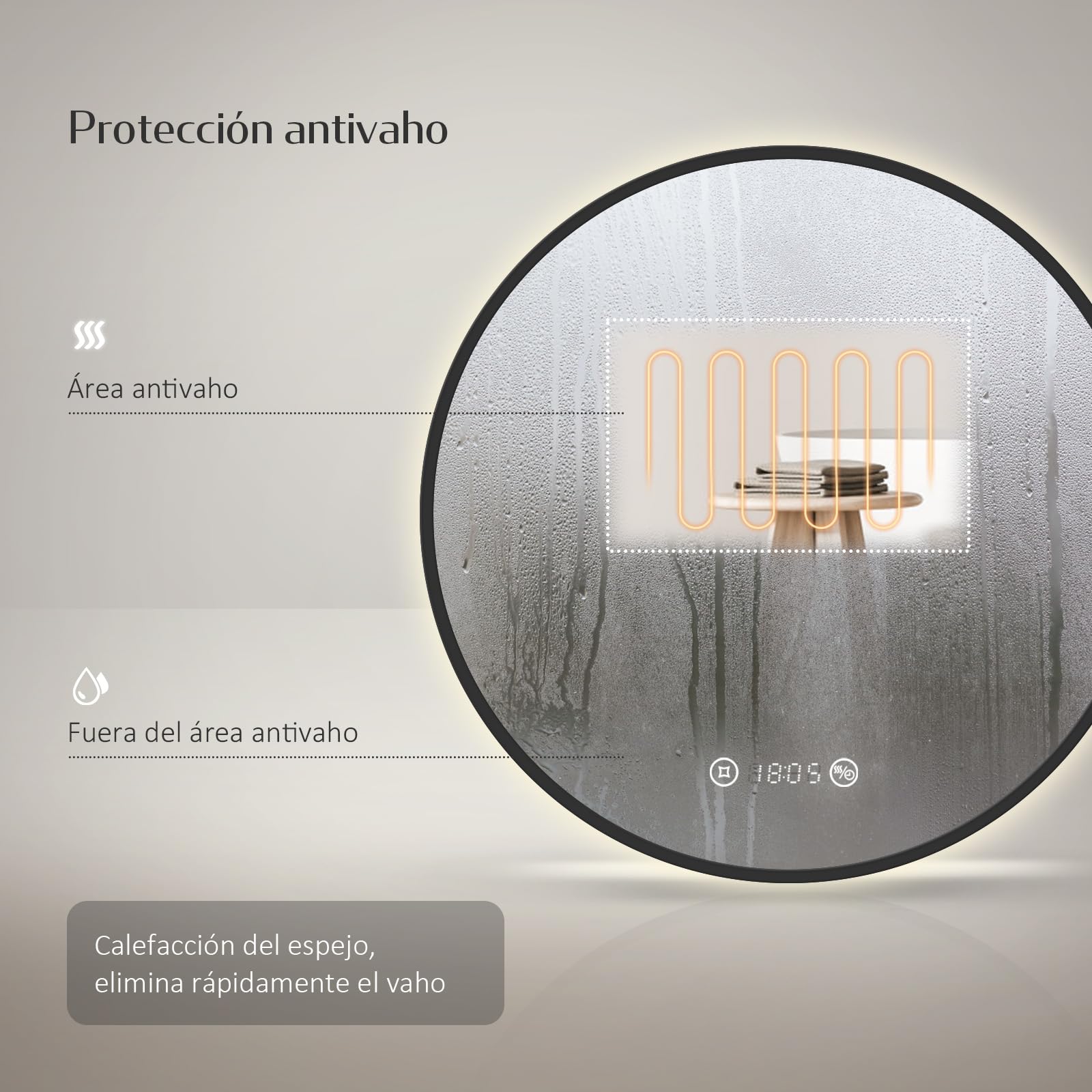 EMKE Espejo LED Redondo de Baño, ø60cm,Marco Negro, antiempañante, con visualización de Hora y Temperatura, luz Neutra, Intensidad Ajustable, Espejo de baño con iluminación, IP44