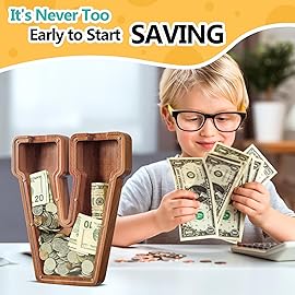 Summidate Customized Name Extra Large Wooden Piggy Bank for Kids Boys Girls Alphabets Letter A-Z Coins Bills Money Change Saving Box Clear Cover (Laser Engraved) Educational Toys 12- Letter V