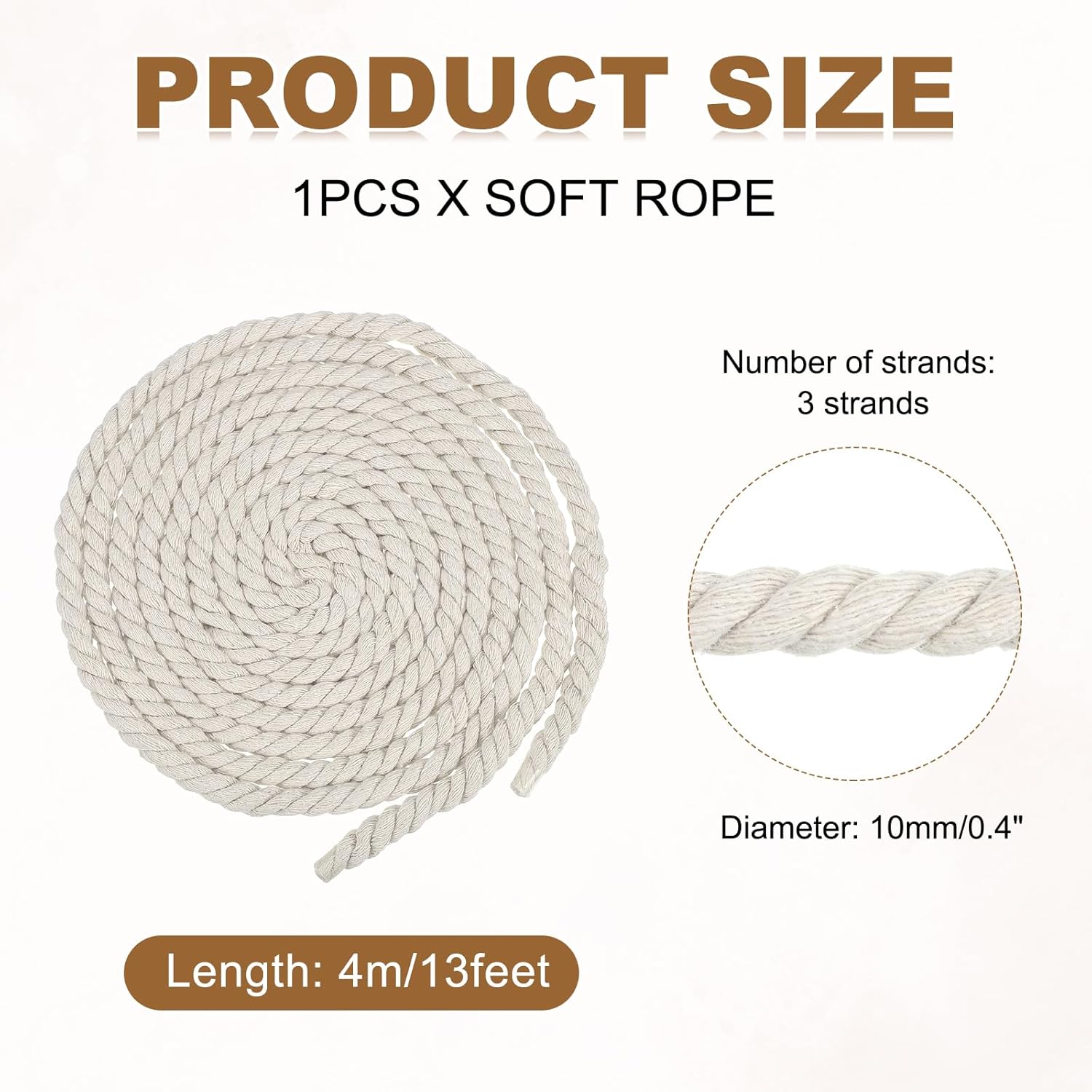 Generic 10mm x 13 Feet White Cotton Rope,3 Strand Clothes Line Outdoors,Twisted Braided Thick Macrame Cord for DIY Wall Hanging Plant Hanger Knotting Clothesline