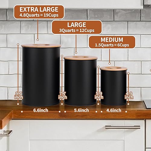 Miniatura 2 de Juego de 3 recipientes para encimera de cocina, recipientes de cocina de metal negro, recipientes de almacenamiento de harina y azúcar con tapa