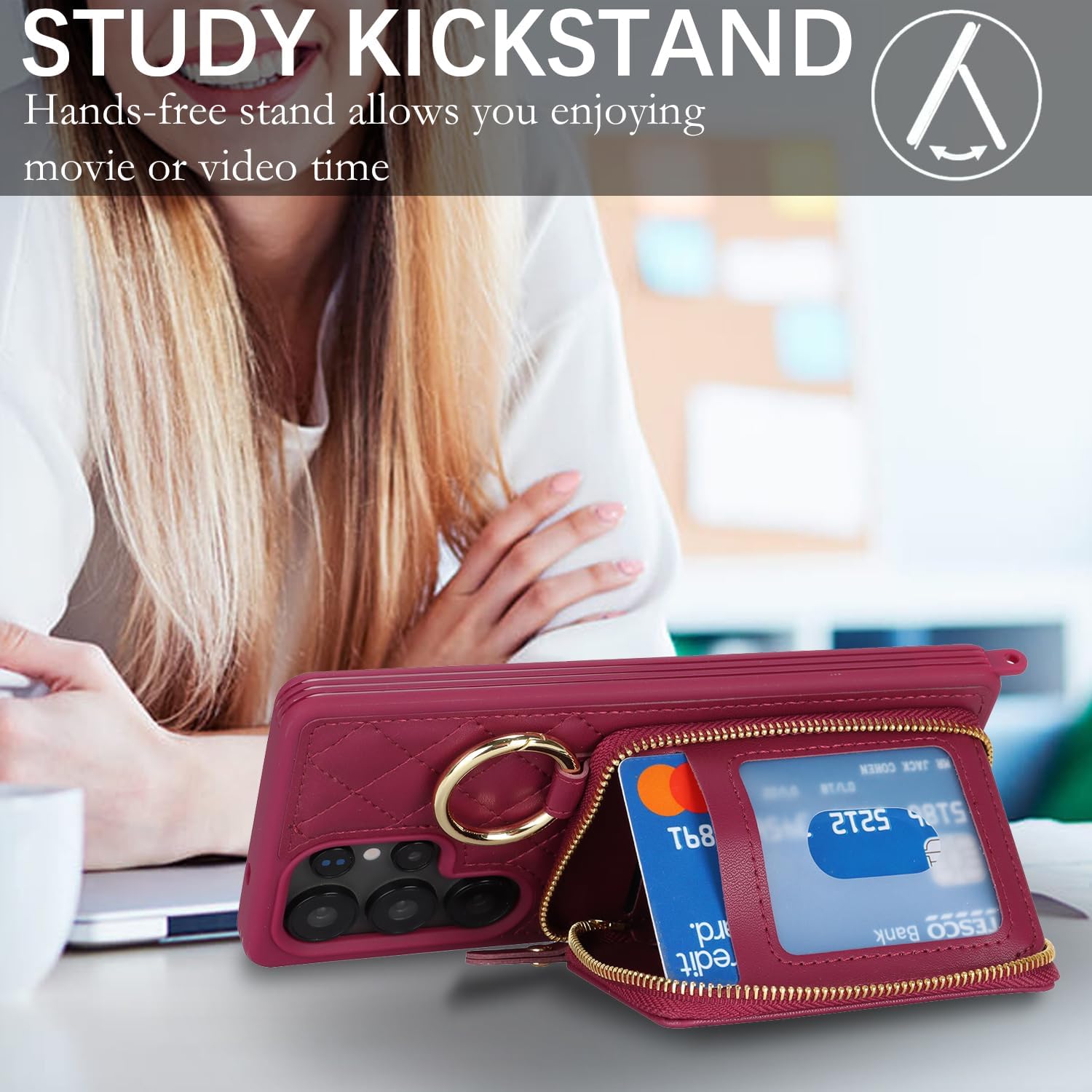 Crossbody Wallet Case for Galaxy S25 Ultra, PU Leather Zipper Handbag Purse Flip Cover, Kickstand Folio Case with Card Slots Holder Wrist Strap Lanyard -Dark red - Image 4