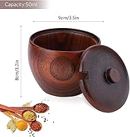 Vista 5 de Caja de sal de madera maciza para condimentos, contenedor de almacenamiento con cuchara y tapa, azucarero de cocina redondo para especias para sal