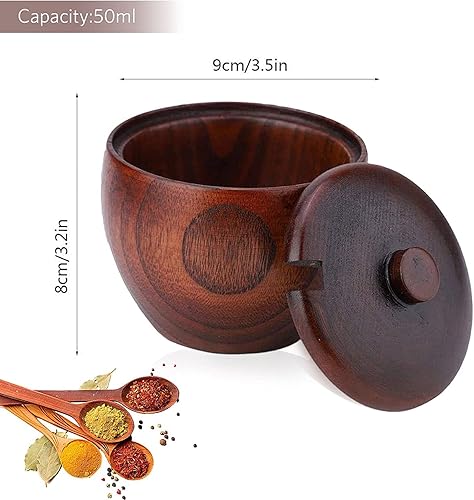 Miniatura 5 de Caja de sal de madera maciza para condimentos, contenedor de almacenamiento con cuchara y tapa, azucarero de cocina redondo para especias para sal,