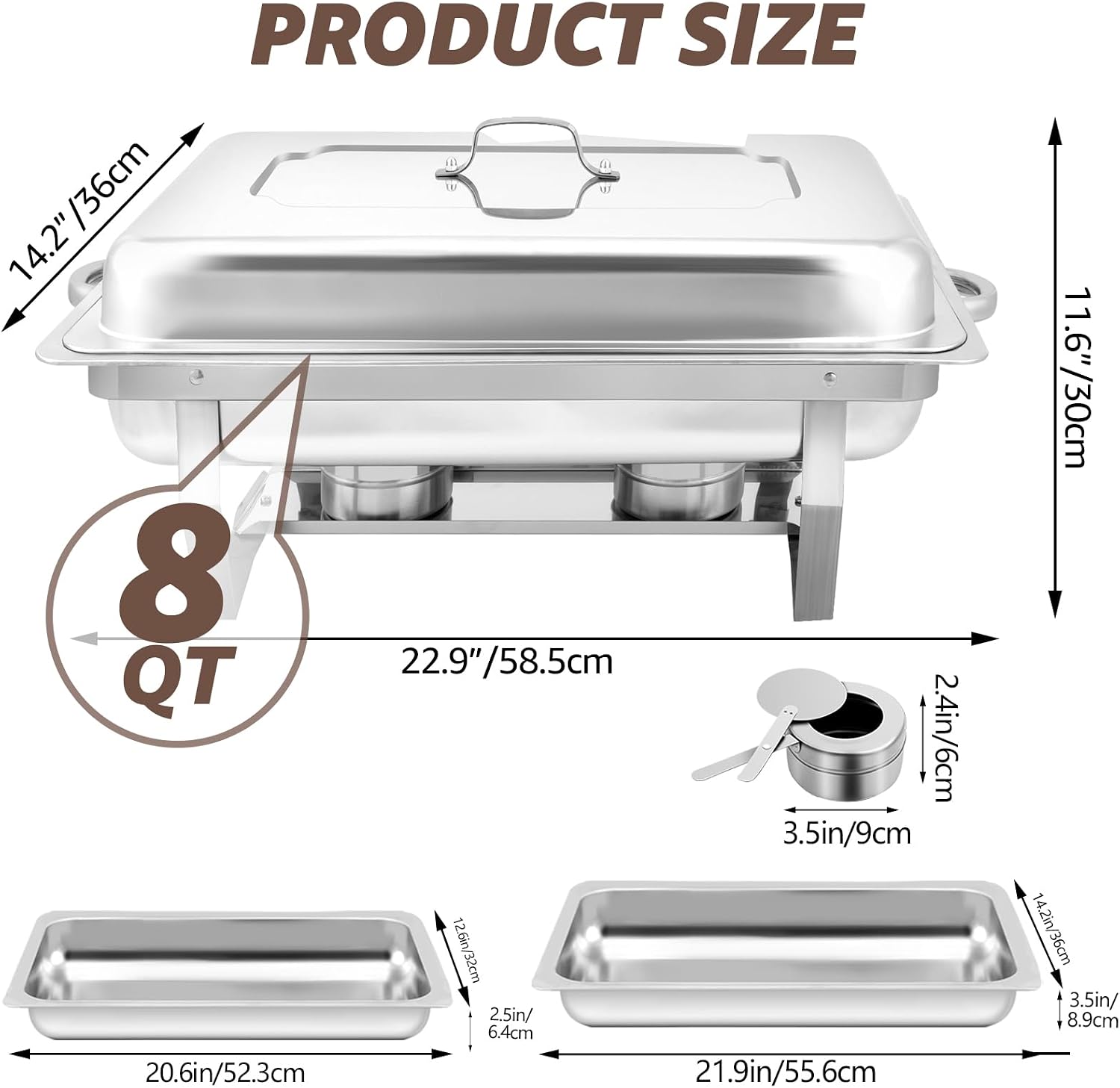 Silver 1 Pack Chafing Dishes for Buffet, Stainless Steel 8QT Chafing Dish Buffet Set Food Warmer, Food Warmers for Parties Buffet Catering Events Dinners
