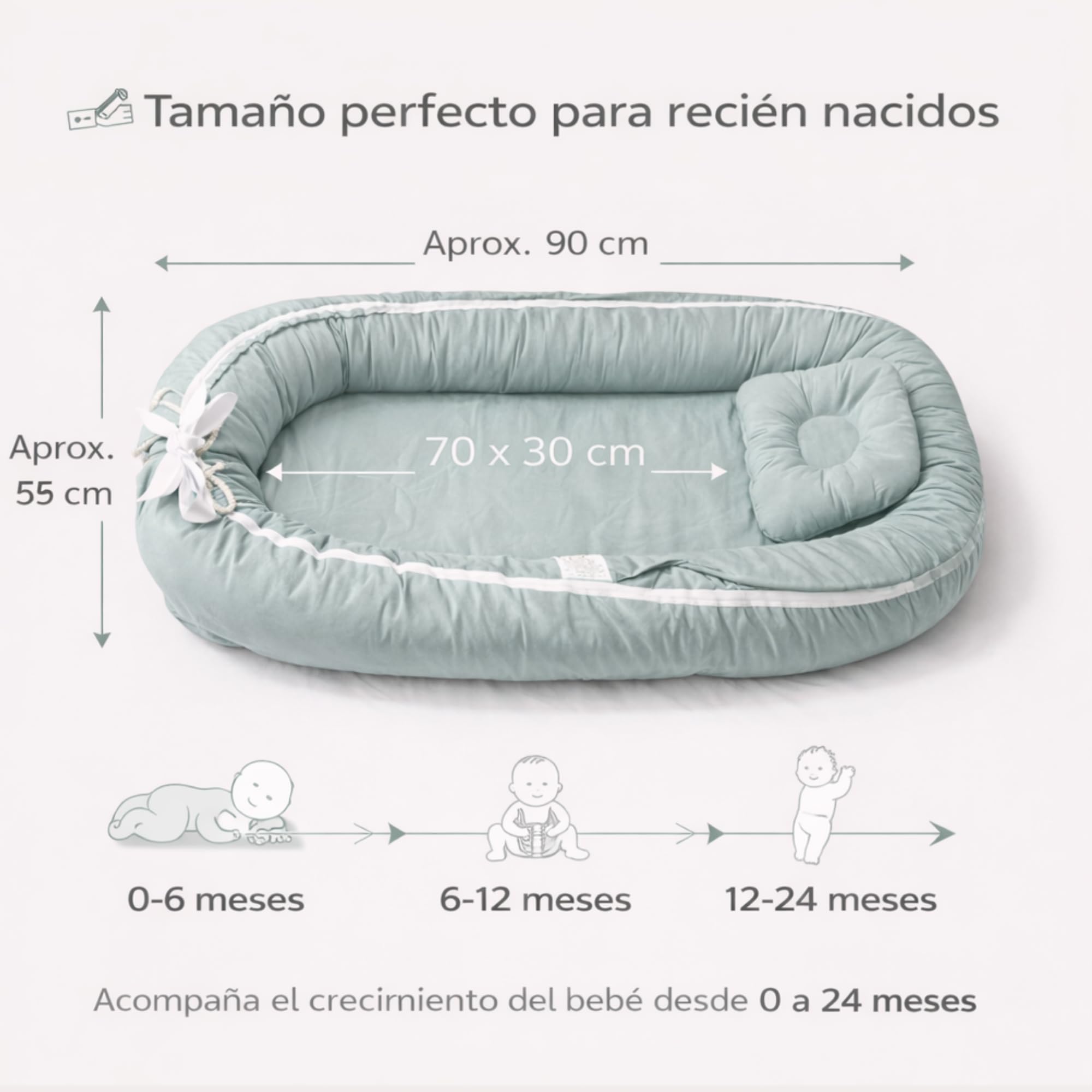 Reductor de Cuna Bebé 0 Meses Verde Pastel – Nido de Algodón con Almohada Protectora, Colchón Desmontable y Funda Lavable, Ideal para Colecho y Cuna
