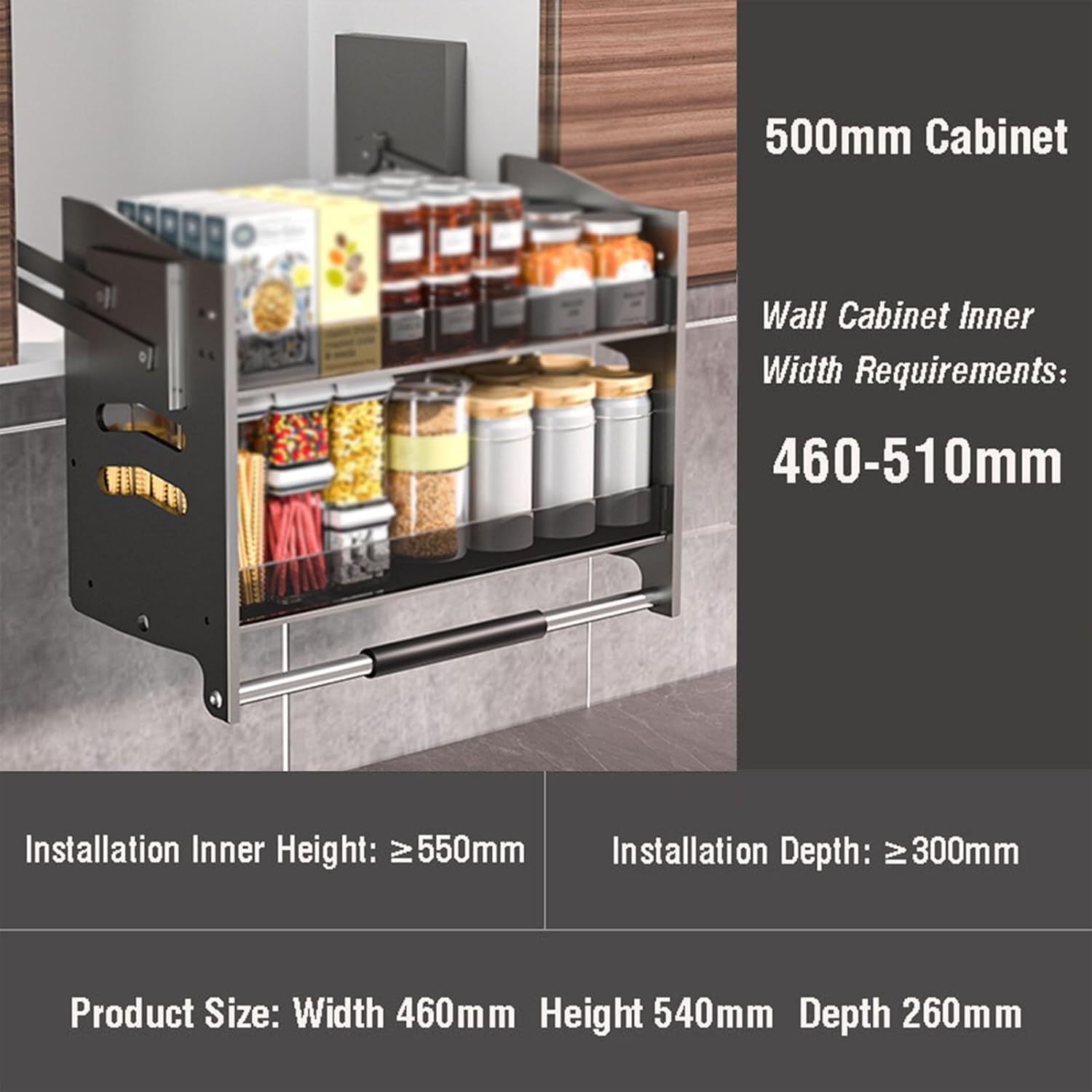 Pull Down Cabinet Shelf,Pull-Out Cabinet Organizer Drop Shelf,2 Tiers of Storage,Suitable for Kitchen,Bar,Cafe,Cabinet and Pantry,Load Bearing 20kg (Size : 360x260x540mm) (One Color 760x260x540mm)