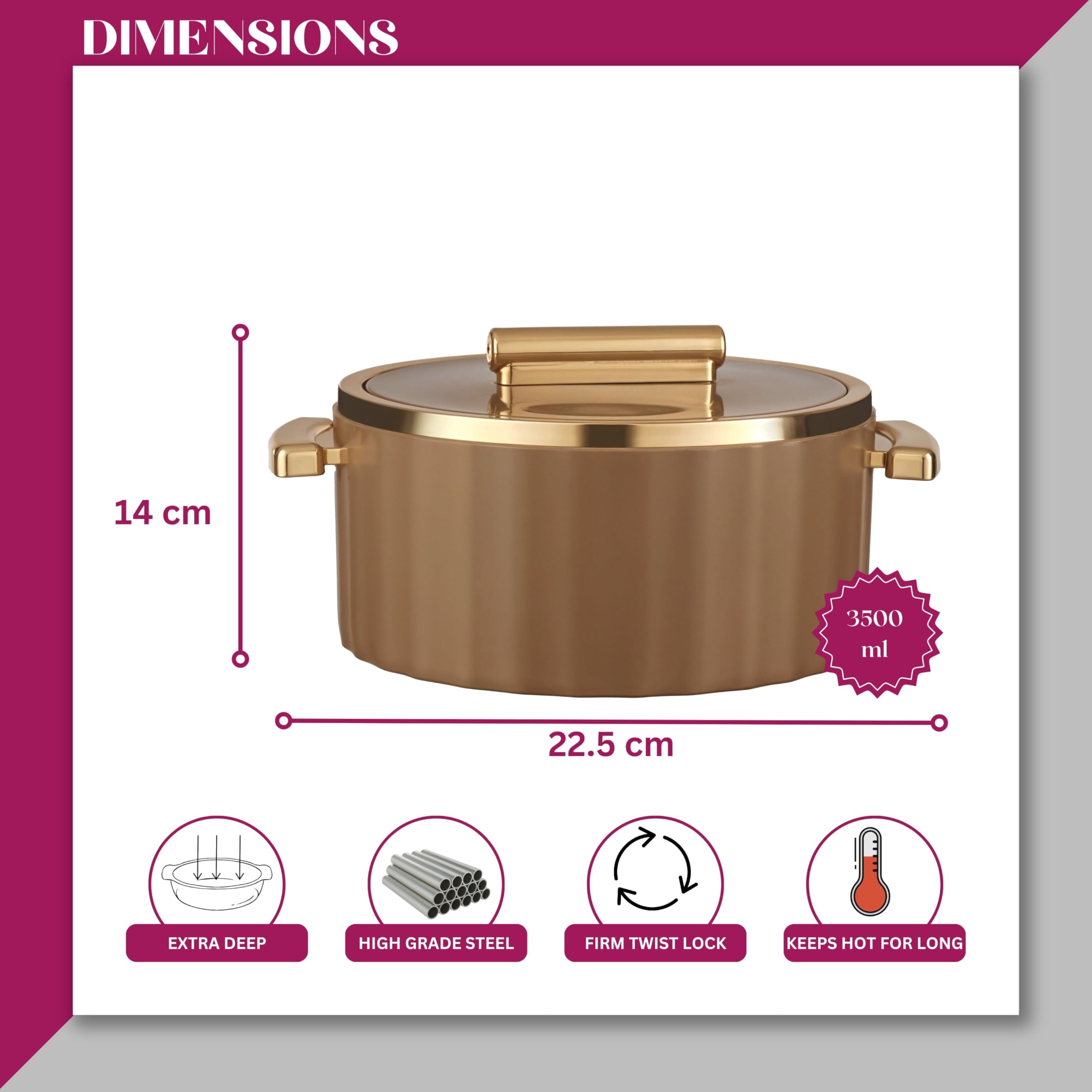Trueware Sterling Inner Steel Casserole 2560 ml | PU Insulated | BPA Free | Odour Proof | Food Grade| Ideal for Chapatti | Roti | Curd Maker | Thermoware | Hot Pot (Brown) 1