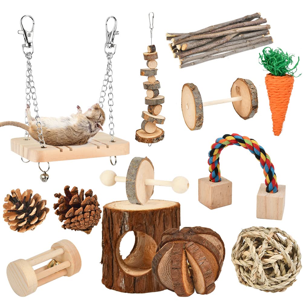 13 Pack Hamster Chew Toys,Small Animal Toys Boredom Breaker Accessories, Wooden Dumbbells Exercise Bell Roller Teeth Care Molar Toy for Hamster Bird Rabbits Gerbil Rat Guinea Pig Chinchilla
