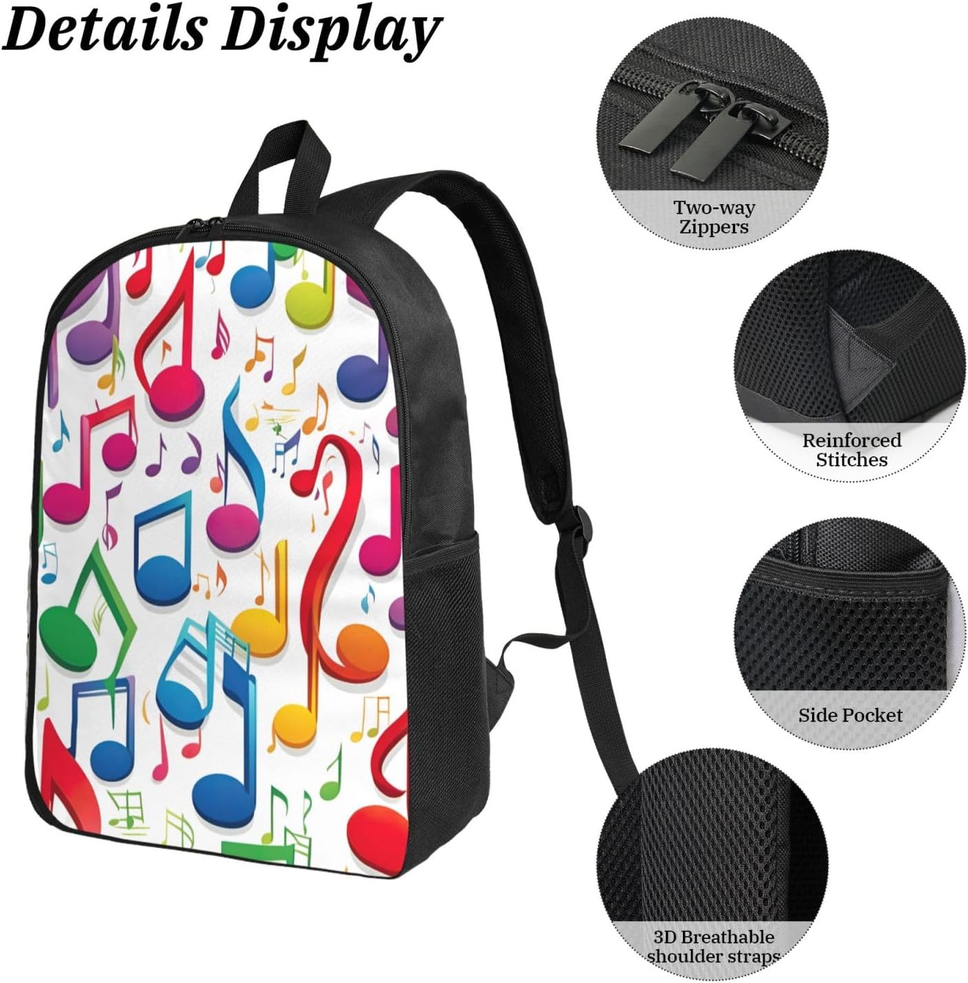 3pcs Versatile Colorful Music Notes 1 Print Backpack Set image 5
