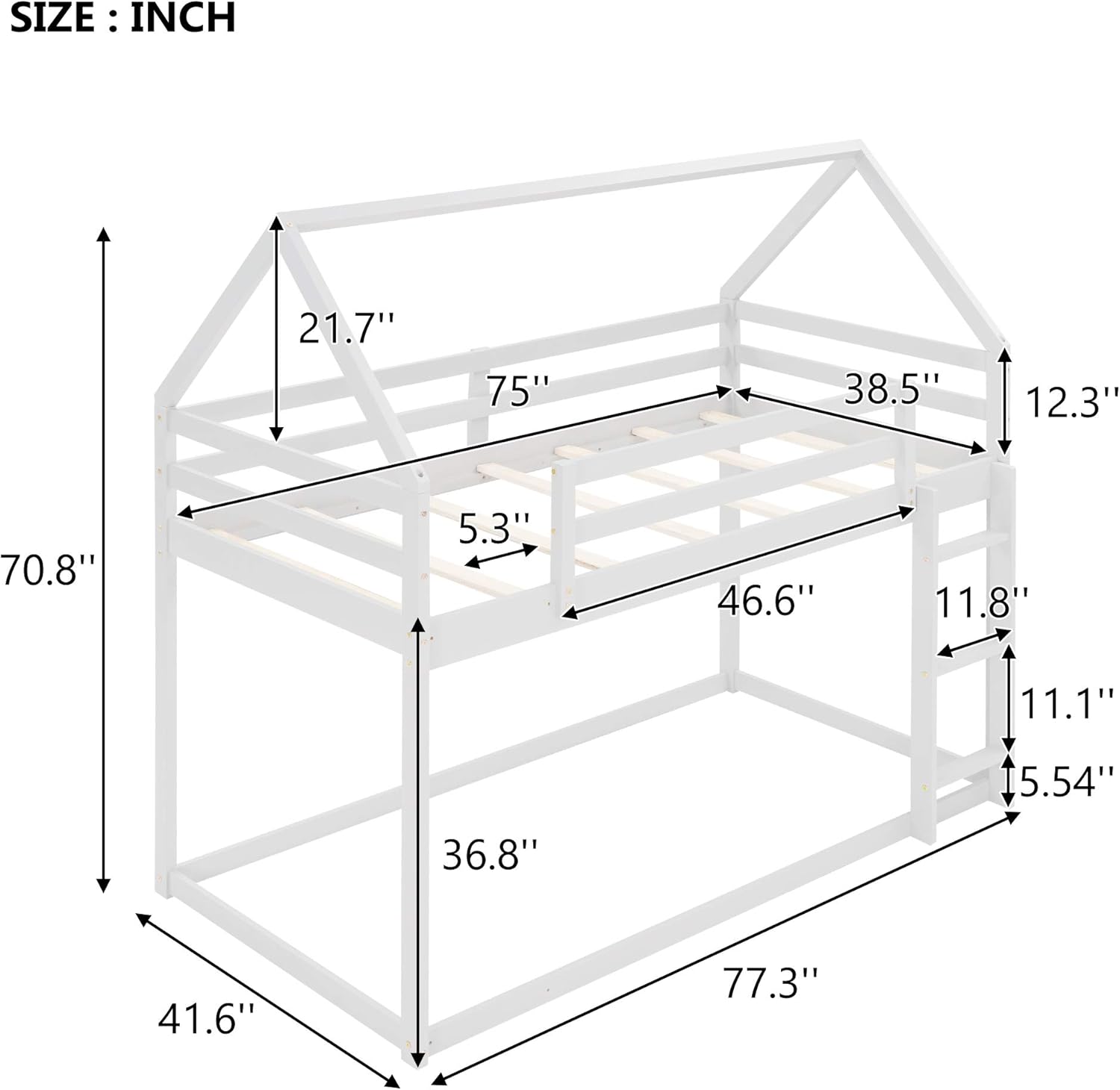 MERITLINE House Shaped Bunk Bed Twin Over Twin Size Wood Bunk Bed Frame Low Bunk Beds for Kids and Toddlers, Twin Size,White