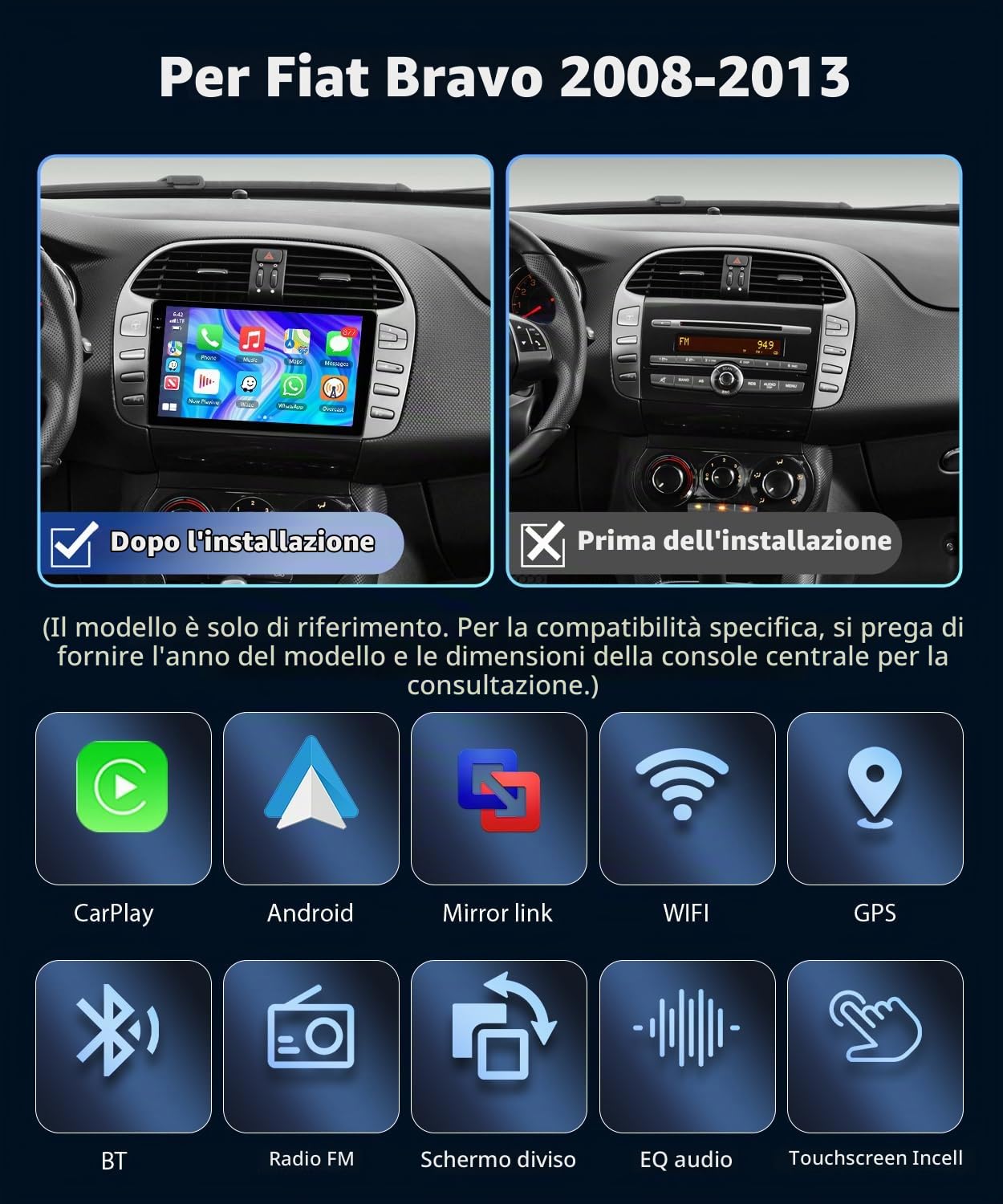 4GB+128GB Carplay Autoradio per Fiat Bravo 2008-2013 con Wireless Android Auto, Motorsi Bluetooth Car Stereo Incell Schermo con GPS Navigation/WiFi/RDS/FM/EQ/DSP/SWC/USB/Mirror Link/Canbus+ Telecamera