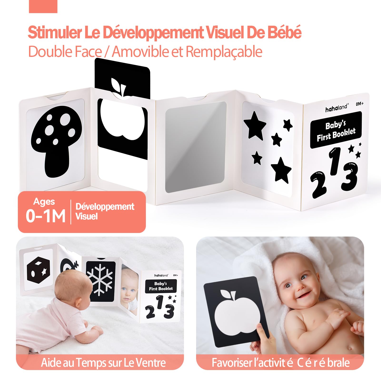 hahaland Jouet Bébé pour 0-3 Mois Carte Flash Blanc et Noir et Anneau Dentition Jouet Montessori pour Bébé Eveil 0-6 Mois Cadeau Naissance Garcon Fille