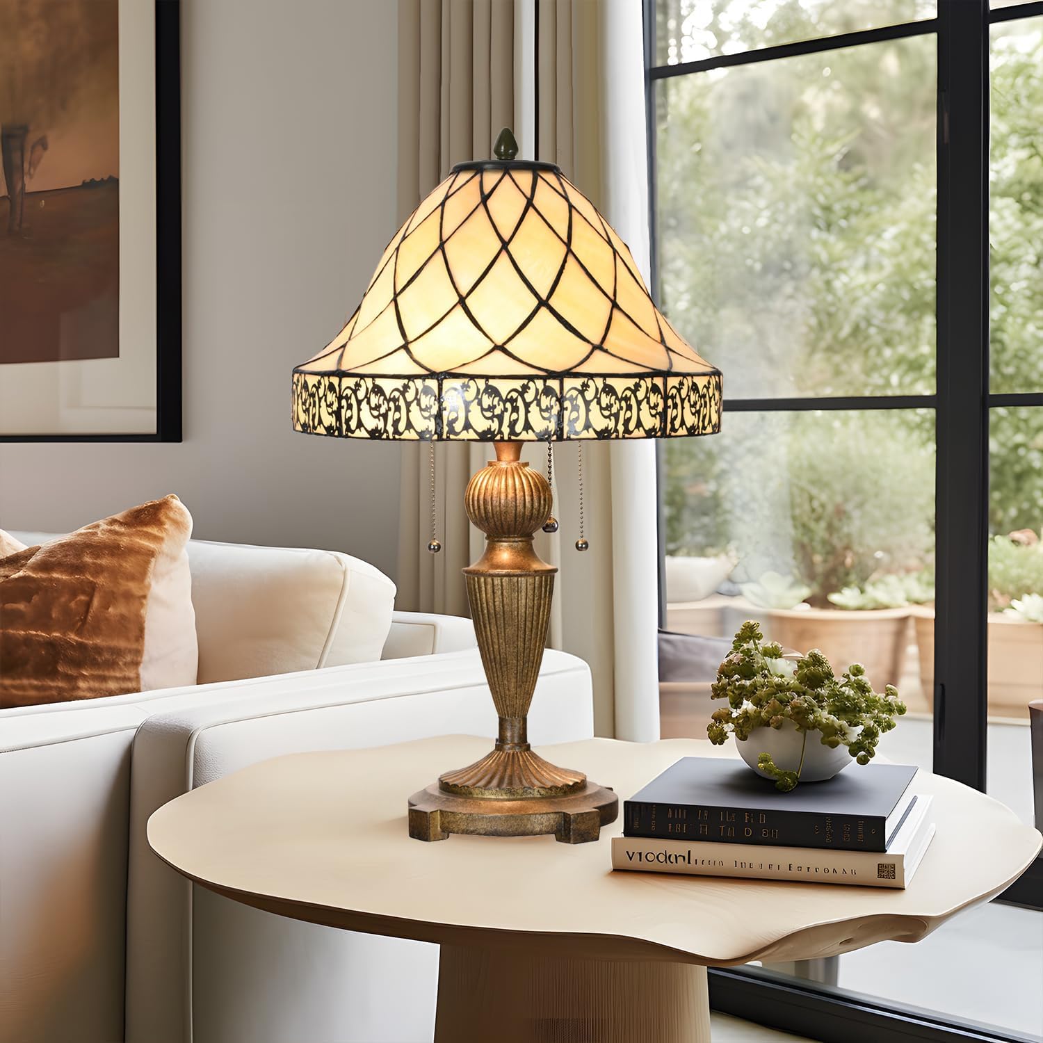 TL0028 Tiffany Table Lamp Stained Glass Lampshade Beige-Like Color with Geometric Pattern, Warm Glow & Elegant Design, Antique Finished Lamp Base, W 14 X H 24 Inches, LED Bulb Included