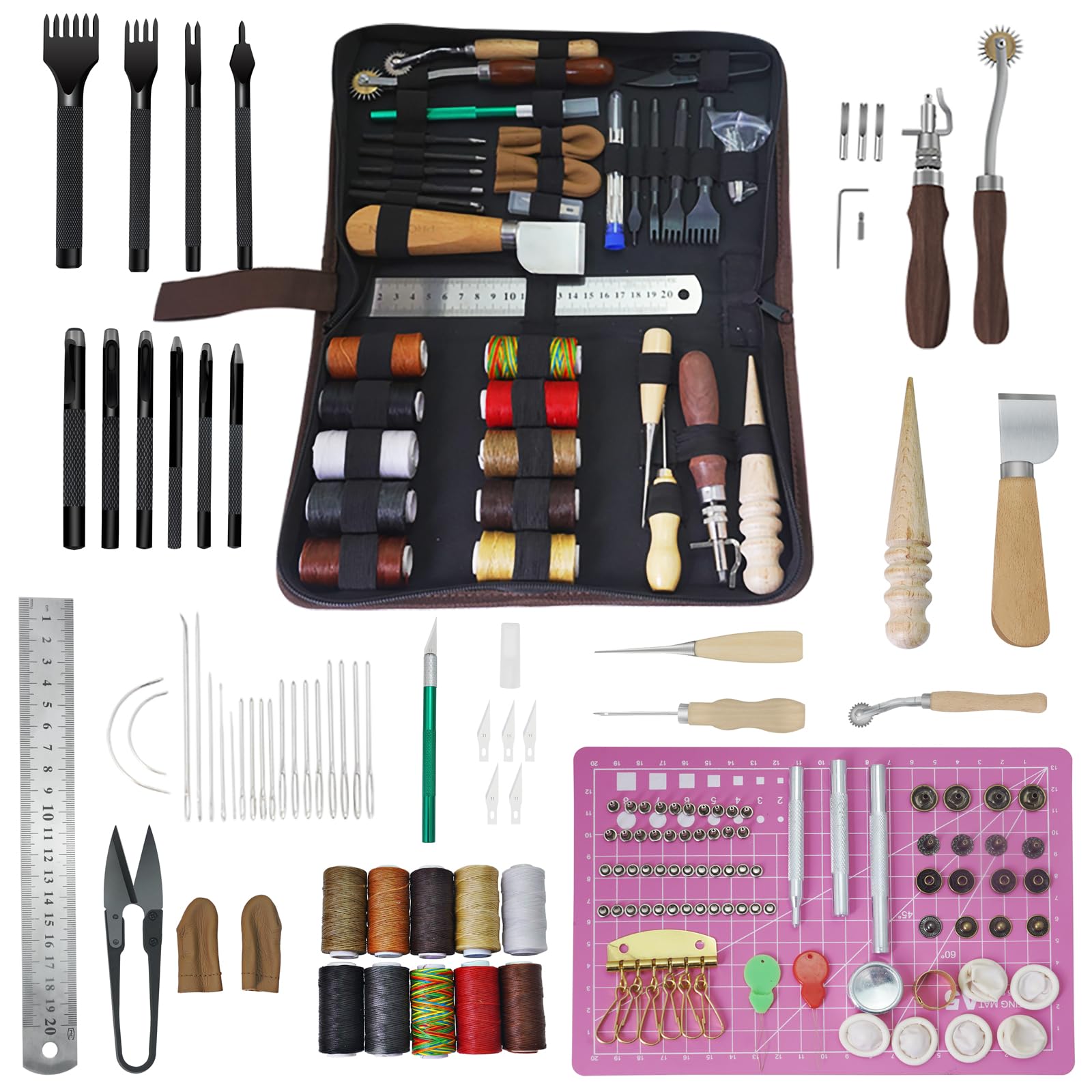 AMOGTO Leather Working Tools Leather Craft Tools Kit with Storage Bag, Leather Carving Tools Leather Craft Making for Punching Cutting Stamping Carving Sewing, Leather Tools Kit for DIY Leathercraft