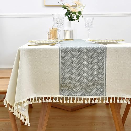 Yofori Mantel de lino de algodón resistente para mesas rectangulares, mantel de celosía bordado sólido para decoración de mesa de cocina y comedor