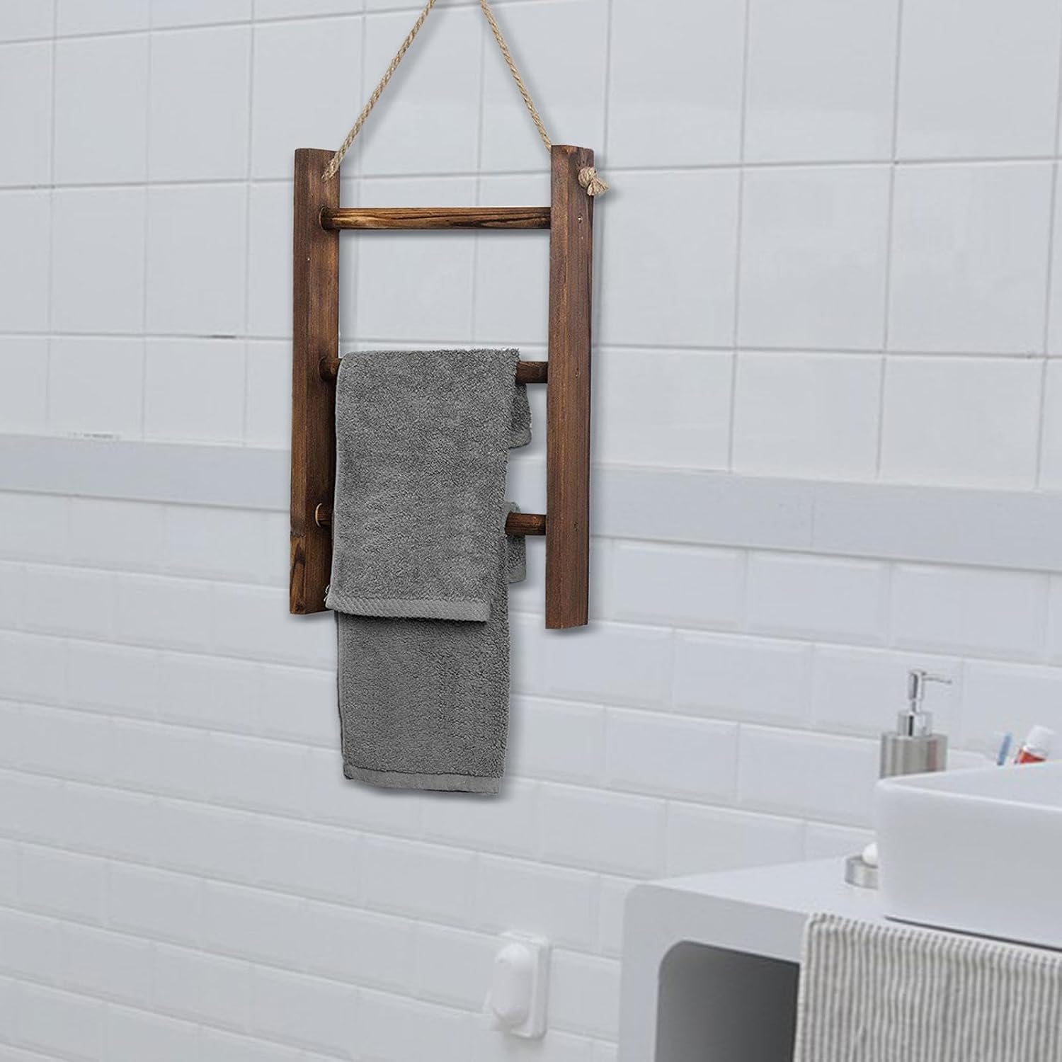 MagiDeal Wood Towel Racks 3 Tiers Towel Rack Tea Towel Stand Display Hanger Wall Mount Towel Ladder Rustic for Living Room Hote, 40cmx26cmx5.5cm