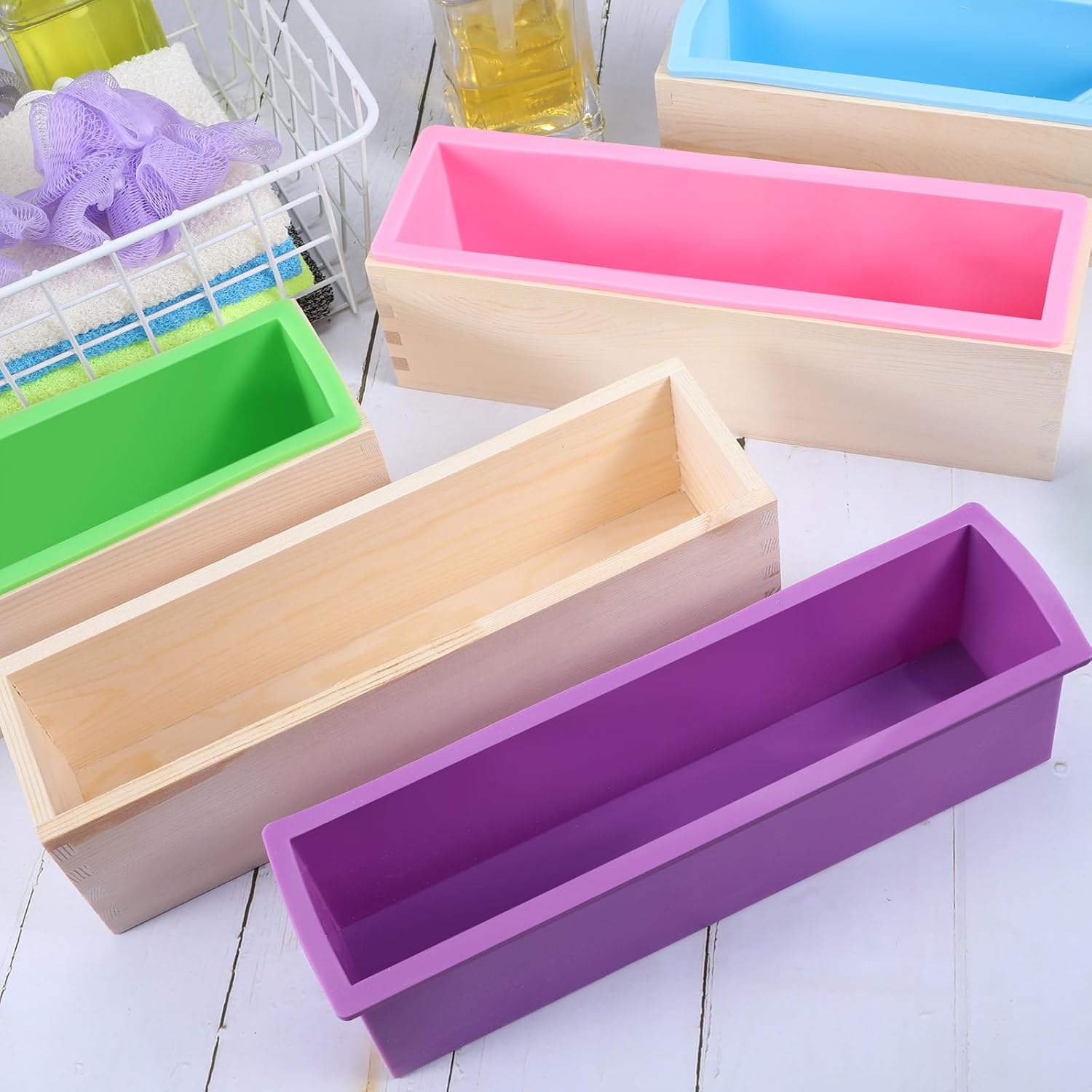 4 Pcs Flexible Rectangular Soap Mold Silicone Molds with Wood Box Soap Loaf Making Supplies DIY Tool for Making Craft(Purple, Green, Blue, Pink)