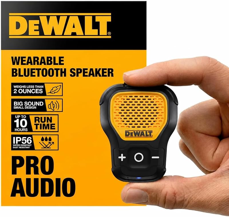 DEWALT parlante Bluetooth portátil, sitio de trabajo inalámbrico con clip Pro, (amarillo) | parlante portátil resistente al agua (no magnético), micrófono incorporado para música/llamadas con manos libres, parlante Bluetooth