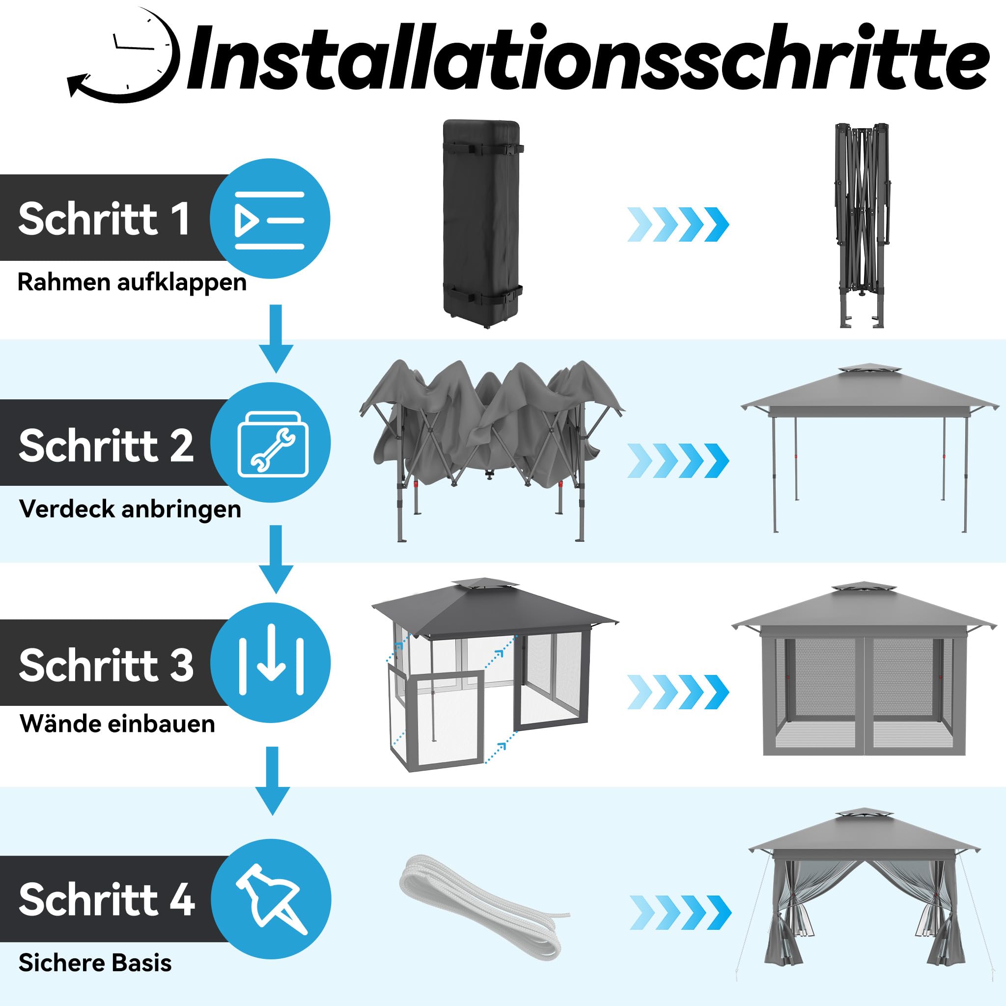 Gazebo pieghevole da 4 x 4 m, con struttura con un clic, regolabile in altezza, protezione UV, impermeabile, con borsa per il trasporto su ruote, per giardino, terrazza, esterni, grigio