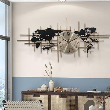 3D Large Wall Clock, World Map Wall Clock Battery Operated, Silent Non Ticking Clocks Digital Hanging Clock for Living Room - Handmade Iron Frameless Design,Grey