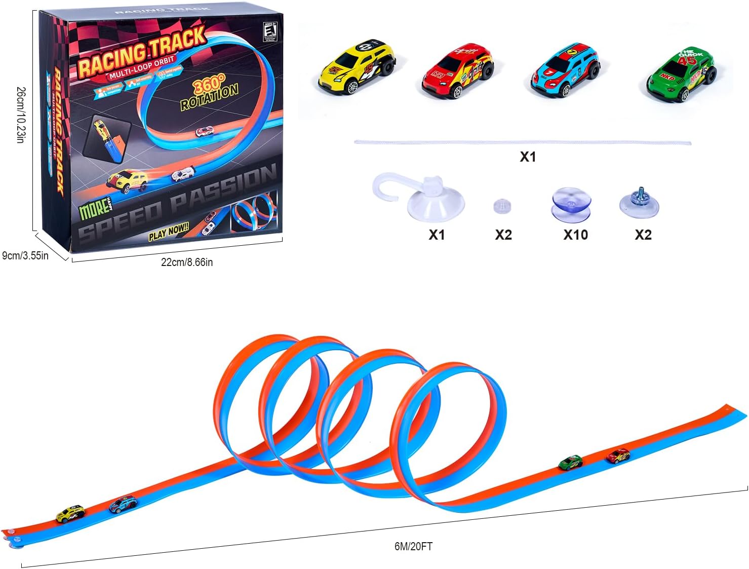 20-Foot Flexible Two-Color Racetrack with Suction Cup is a Portable Roll-up DIY Racetrack with Four 1/64 Die-cast Cars. Suitable for Boys and Girls Ages 3+.