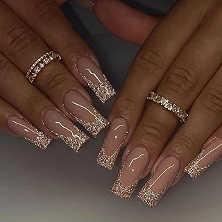 Ceboic 24 Stück Soft Gel Press on Nails Lange Gold Glänzend French Künstliche Nägel Full Cover Kunstnägel Nägel Zum Aufkleben Sarg Acryl Fingernägel Fake Nails für Frauen & Mädchen