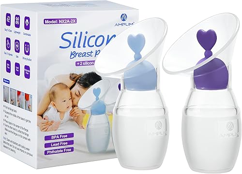 Amplim Paquete de 2 colectores de leche materna de silicona de grado alimenticio de 4 oz3.4fl oz  Extractor de leche manual con tapón de ahorro de