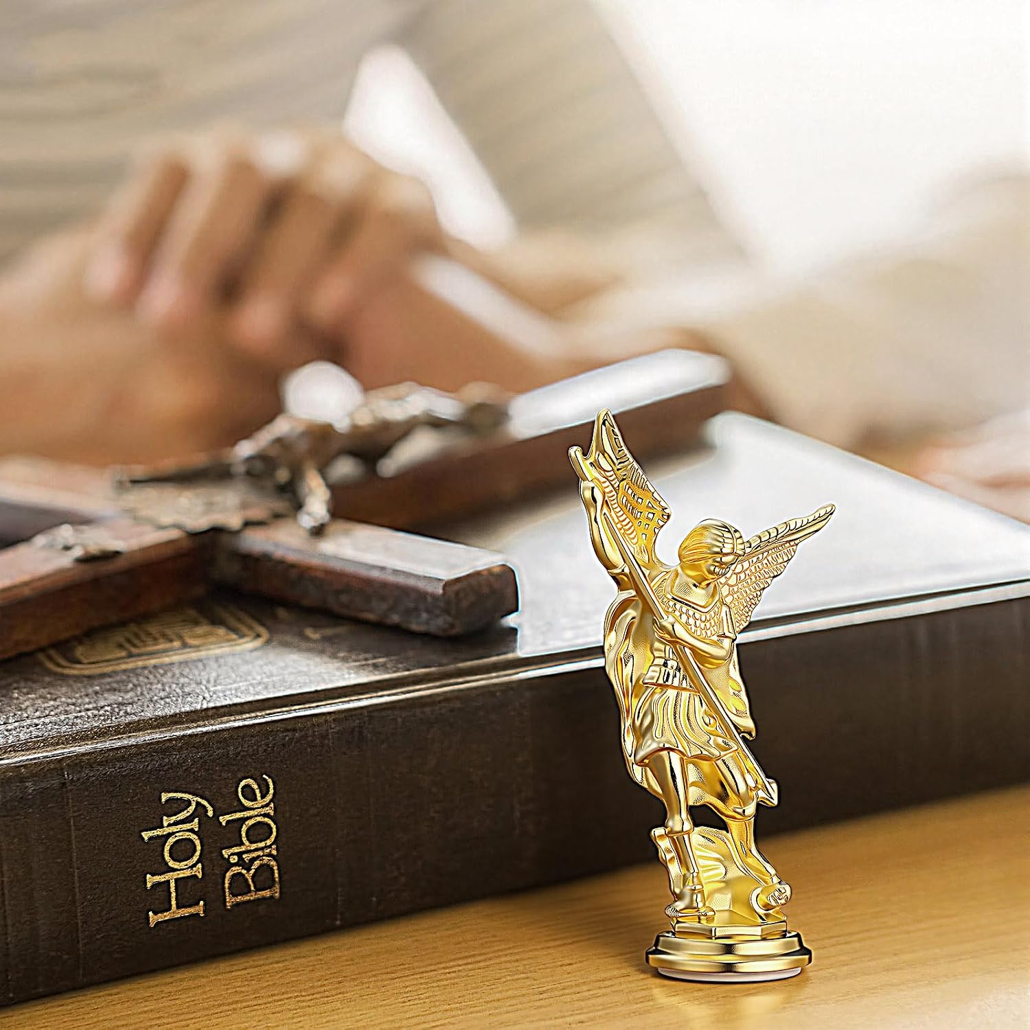 Wesiti 6 Pcs Archangel Saint Michael Statue 3.31 Inch Religious Figurine with Black Velvet Bags Collectible Angel Sculpture Decor for Home or Car (Gold) image 4